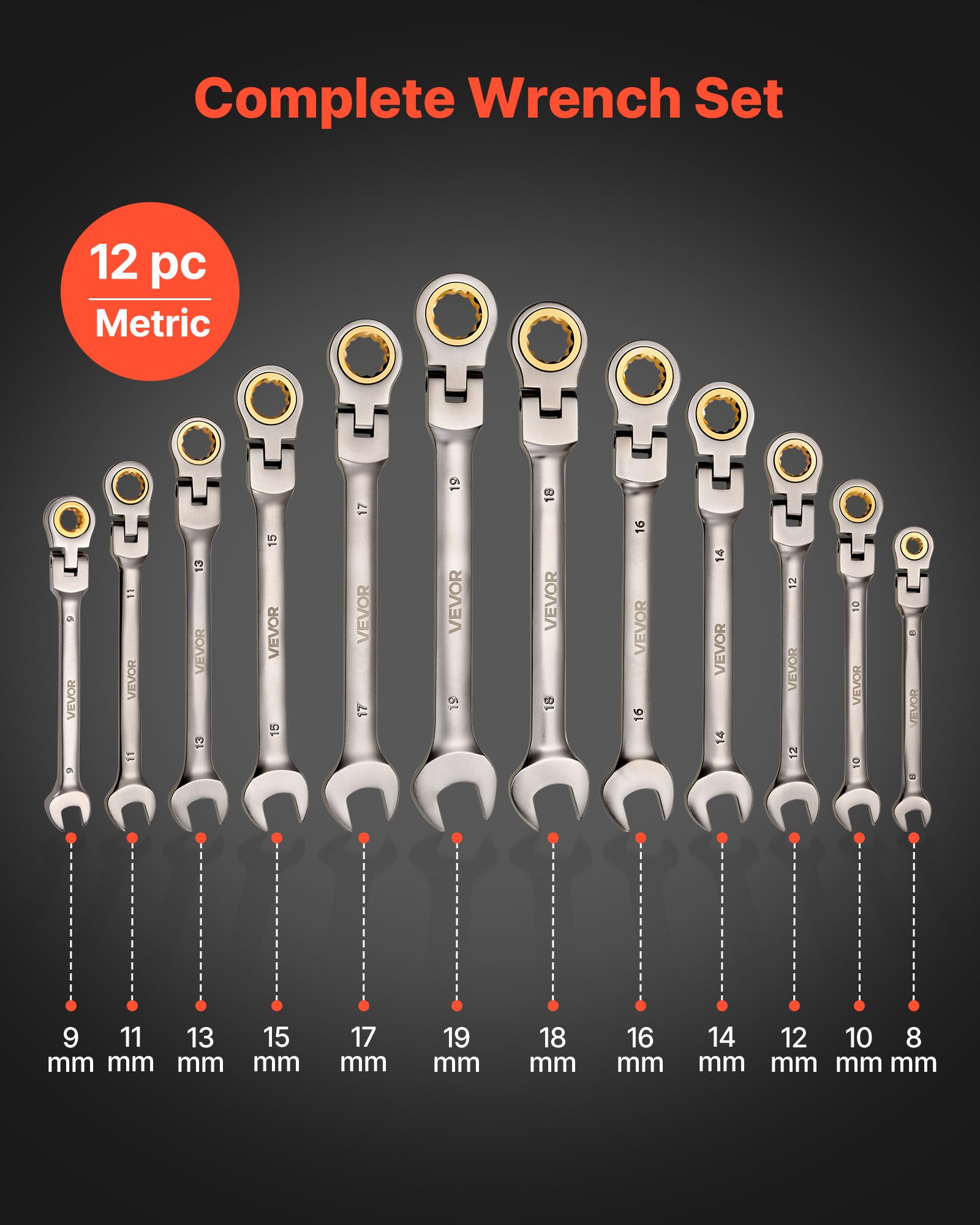 VEVOR Set di Chiavi Combinate a Cricchetto Flessibile 12 Pezzi, Set di Chiavi a Cricchetto con Testa Snodata, Metriche da 8 mm a 19 mm, 72 Denti, in Acciaio al Cromo Vanadio, Custodia Arrotolabile