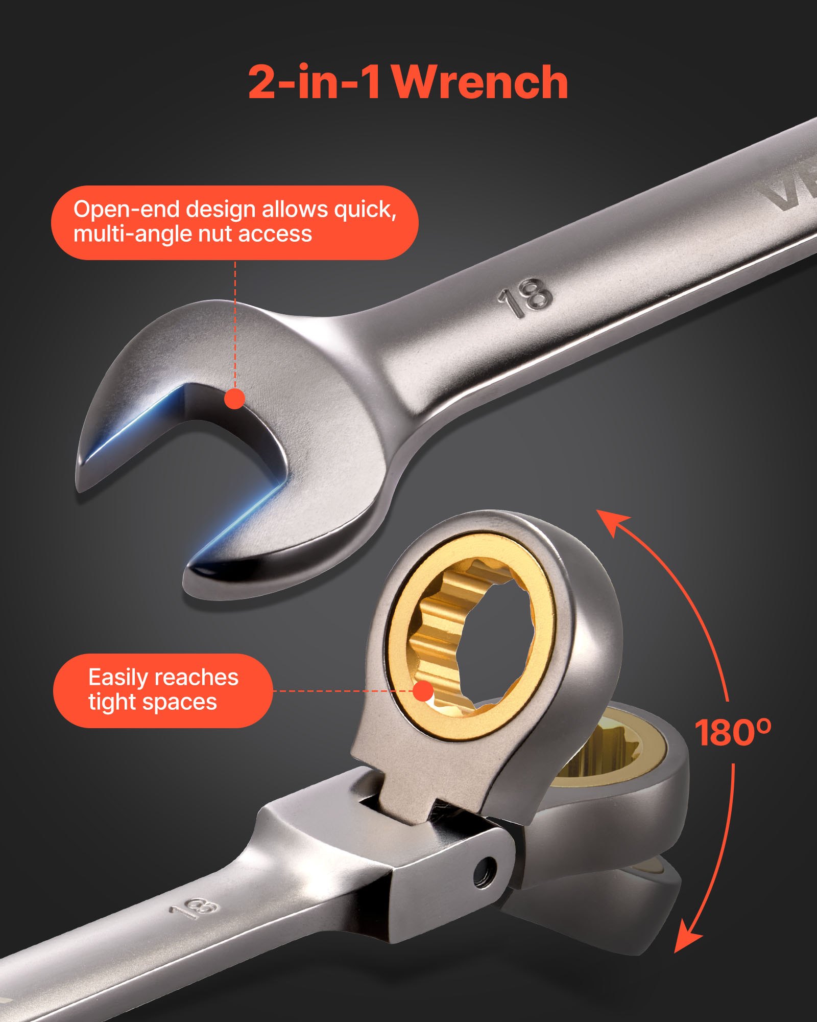 VEVOR Set di Chiavi Combinate a Cricchetto Flessibile 12 Pezzi, Set di Chiavi a Cricchetto con Testa Snodata, Metriche da 8 mm a 19 mm, 72 Denti, in Acciaio al Cromo Vanadio, Custodia Arrotolabile