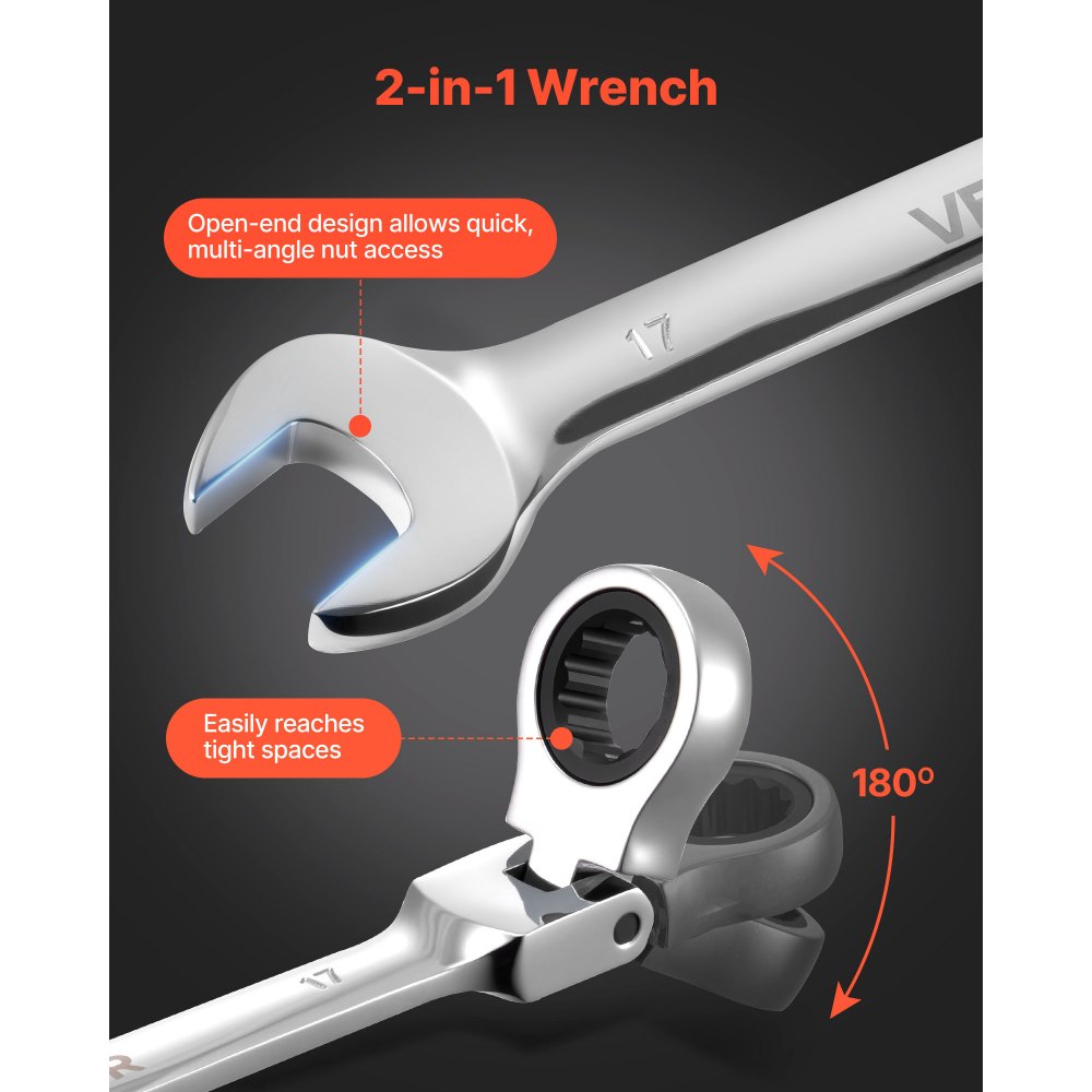 VEVOR Set di Chiavi Combinate a Cricchetto Flessibile 24 Pezzi, Chiavi a Cricchetto con Misure Metriche e SAE, Testa Snodata a 180°, 72 Denti, in Acciaio Cr-V con Custodia per Uso Casa e Auto, Argento