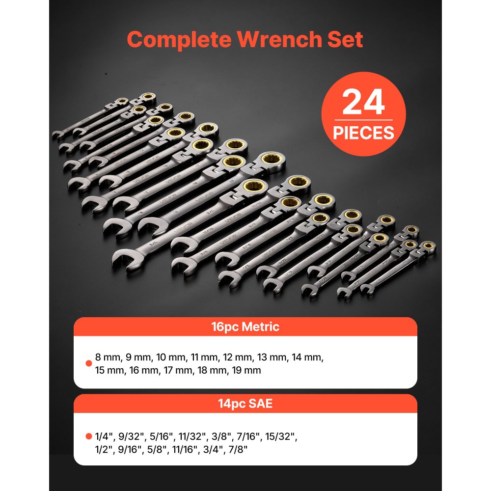 VEVOR Set di Chiavi Combinate a Cricchetto 24 Pezzi, Set di Chiavi a Cricchetto con Misure Metriche e SAE, Testa Snodata a 180°, Meccanismo a 72 Denti, con Custodia per Uso Casa e Auto, Nichel Grigio