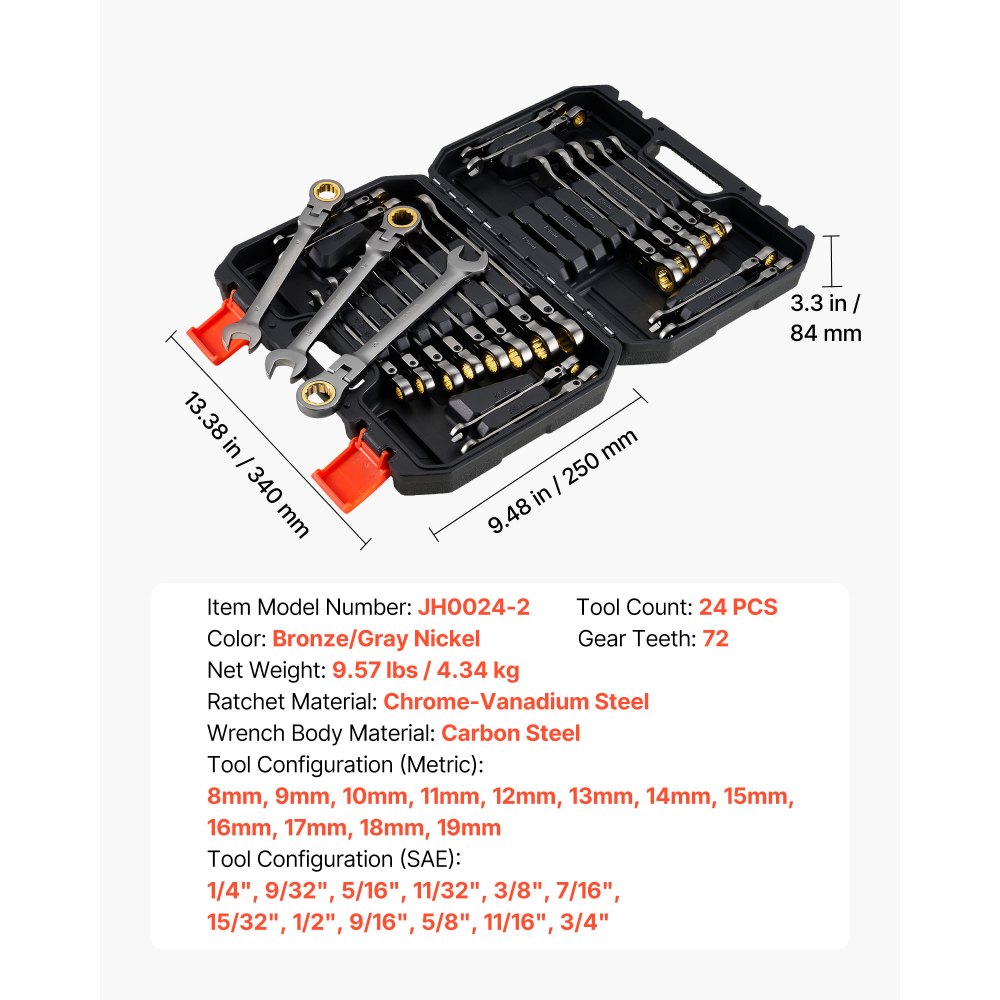 VEVOR Set di Chiavi Combinate a Cricchetto 24 Pezzi, Set di Chiavi a Cricchetto con Misure Metriche e SAE, Testa Snodata a 180°, Meccanismo a 72 Denti, con Custodia per Uso Casa e Auto, Nichel Grigio