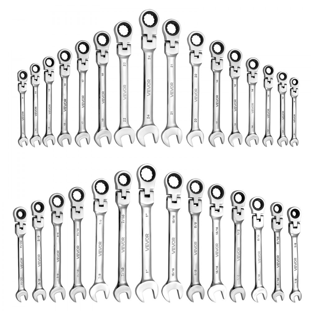 VEVOR Set di Chiavi Combinate a Cricchetto 30 Pezzi, Chiavi a Cricchetto Flessibile, Metriche e SAE, Meccanismo a 72 Denti, Testa Snodata a 180°, in Acciaio Cr-V con Custodia Arrotolabile, Argento