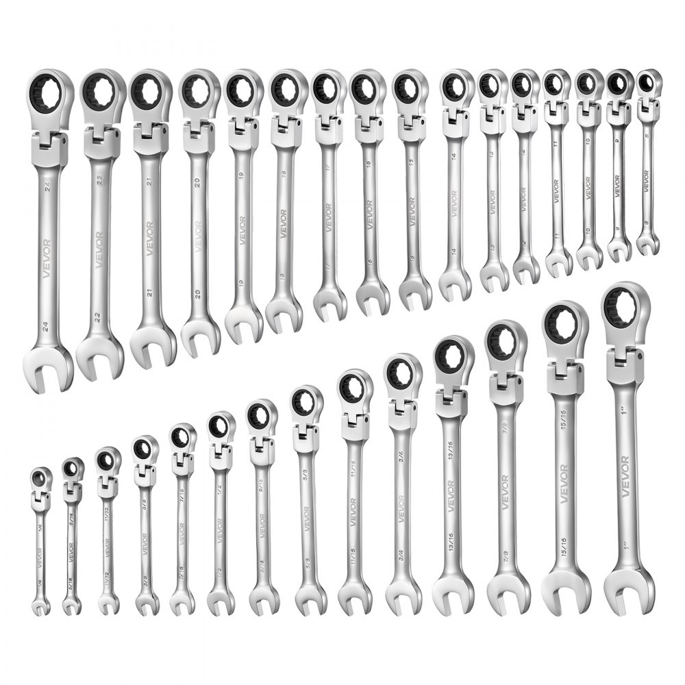VEVOR Set di Chiavi Combinate a Cricchetto 30 Pezzi, Chiavi a Cricchetto Flessibile, Metriche e SAE, Meccanismo a 72 Denti, Testa Snodata a 180°, in Acciaio Cr-V con Custodia Arrotolabile, Argento