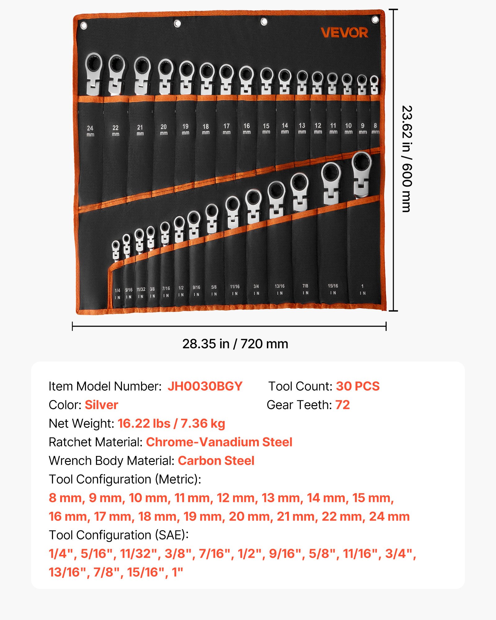 VEVOR Set di Chiavi Combinate a Cricchetto 30 Pezzi, Chiavi a Cricchetto Flessibile, Metriche e SAE, Meccanismo a 72 Denti, Testa Snodata a 180°, in Acciaio Cr-V con Custodia Arrotolabile, Argento