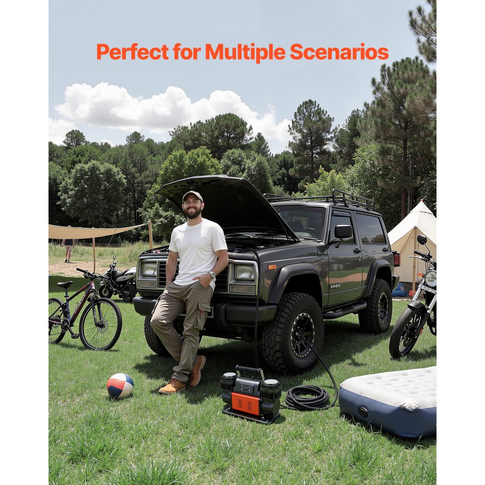 VEVOR Gonfiatore per Pneumatici Portatile con Arresto Automatico, Compressore d'Aria per Auto, Pompa dell'Aria Fuoristrada da 12 V con Display Digitale LCD e Adattatori per Camion, SUV, Camper