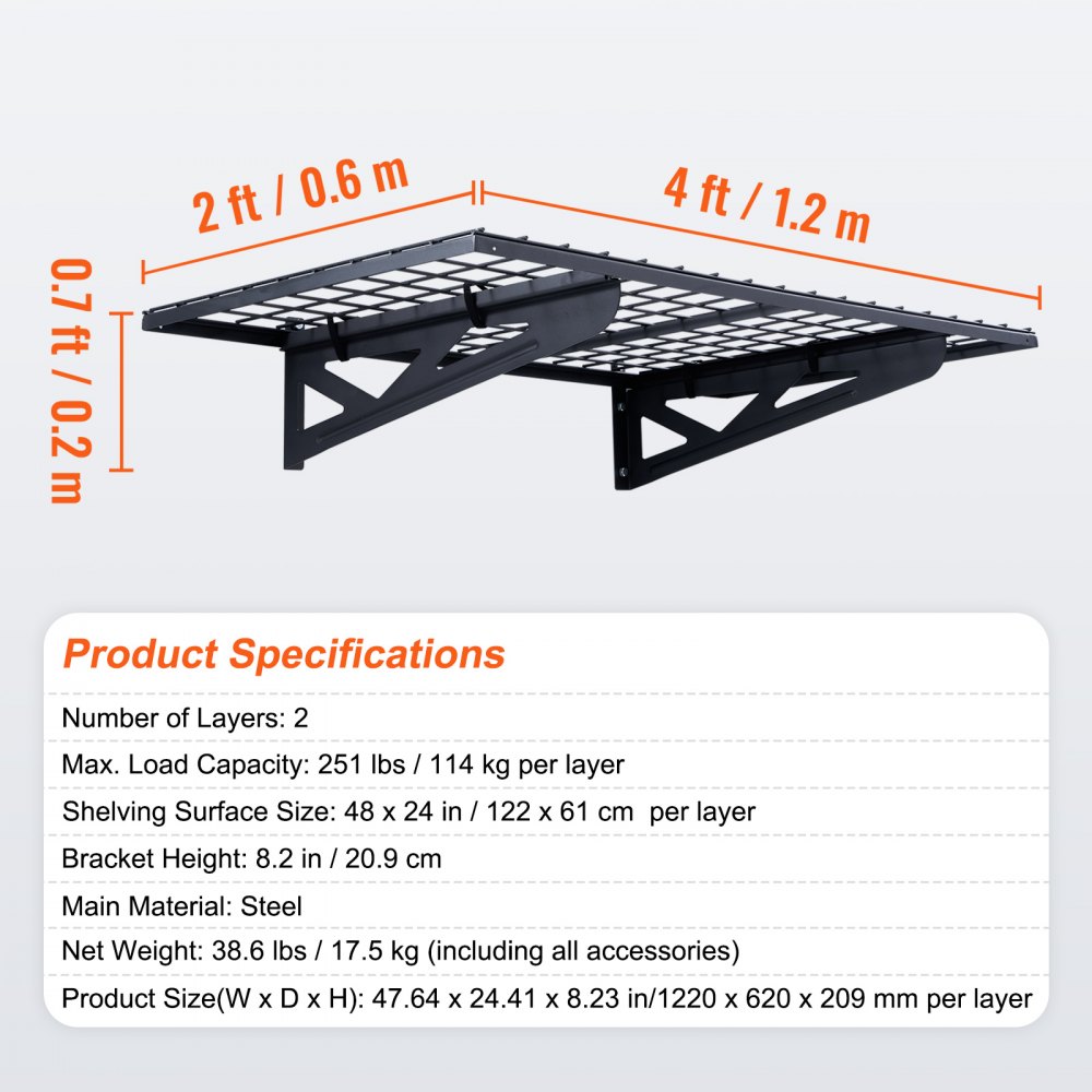VEVOR Scaffali per Garage da 2 Pezzi Griglia per Garage Portaoggetti 122 x 61 cm Montaggio da Parete, Capacità di Carico max. 114 kg ca., Scaffali Galleggianti per Organizzazione del Garage, Officina