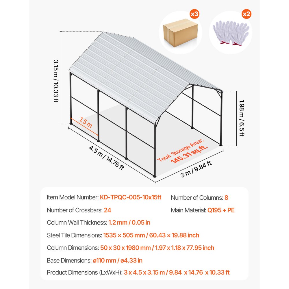 VEVOR Carport in Metallo per Impieghi Gravosi 3 x 4,5 x 3,15 m con Struttura e Tetto in Acciaio Zincato, Tenda da Garage Pareti Laterali Rimovibili, Ricovero per Auto per Pick-up, Barca,Trattori