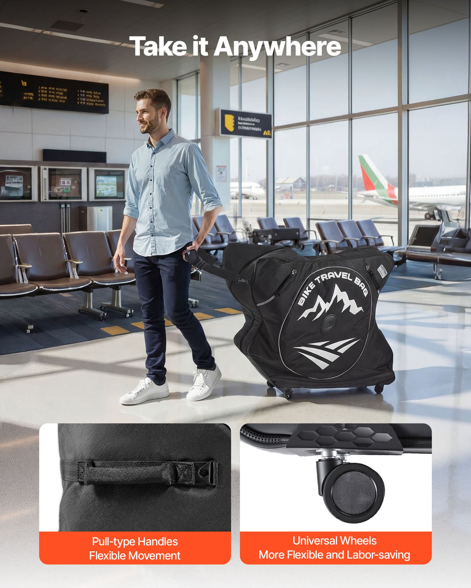 VEVOR Borsa da Viaggio per Bicicletta Interasse da 94 a 106 cm, Borsa per il Trasporto di Biciclette in 600D con Lucchetto TSA e Doppia Cerniera, Custodia per Bicicletta Nera per Viaggi Aerei