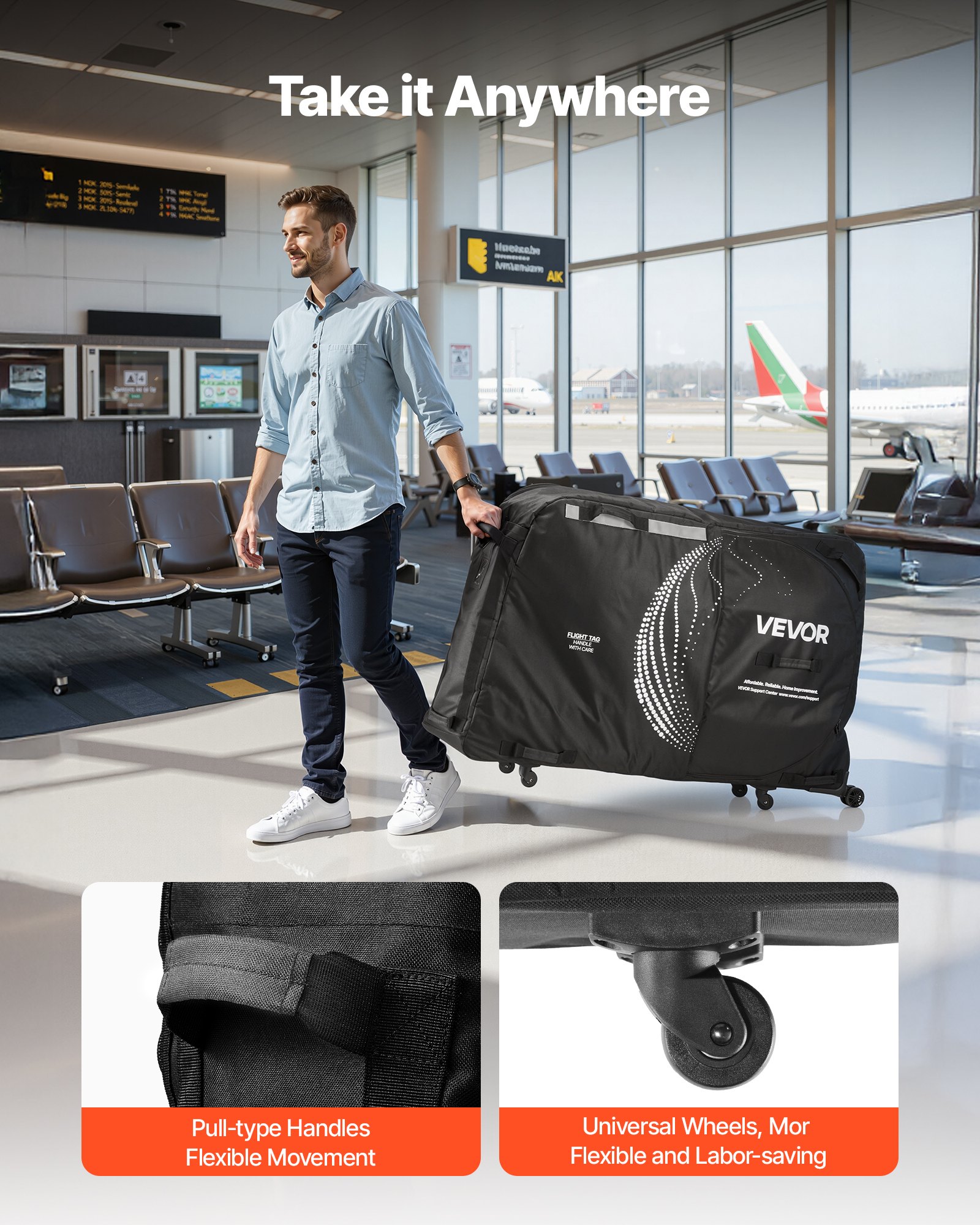 VEVOR Sacca Trasporto Bici Interasse Massimo 130 cm, Borsa per il Trasporto di Biciclette in 600D con Lucchetto TSA e Piastre di Supporto, Custodia per Bicicletta Nera per Viaggi Aerei, Uso Esterno