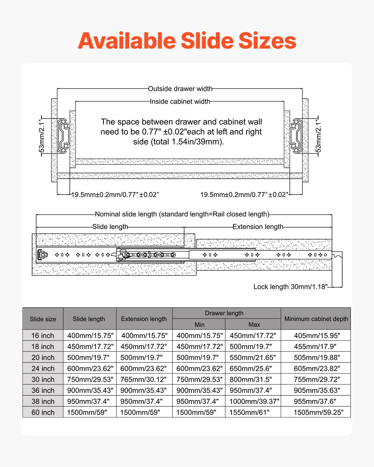 VEVOR drawer slides with full extension, 1 pair, lockable telescopic slides, 1500 mm, drawer slide load capacity 113.4 kg, side-mounted slide rail with ball bearing and locking mechanism