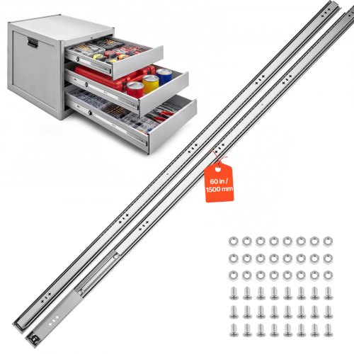 VEVOR Guide Telescopiche per Cassetti 150 cm Portata Massima 120,2kg 1 Paio, Montaggio Laterale, Estensione Totale a 3 Sezioni con Cuscinetti a Sfera, Acciaio al Carbonio, con Viti e Dadi, per Armadi
