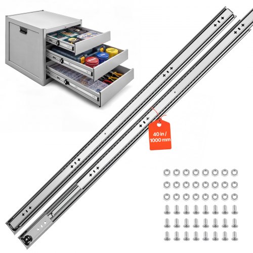 VEVOR Guide Telescopiche per Cassetti 100 cm, Portata Max. 120,2 kg 1 Paio, Montaggio Laterale, Estensione Totale a 3 Sezioni con Cuscinetti a Sfera, Acciaio al Carbonio, con Viti e Dadi, per Armadi