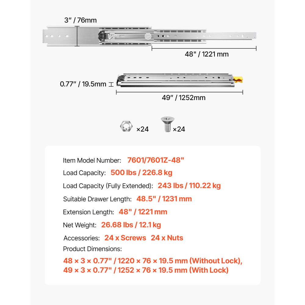VEVOR Guide per Cassetti a Estensione 1 Paio Carico max. 226,8kg Binario per Cassetti con Bloccaggio Cuscinetti a Sfera Guida Scorrevole per Armadio Lunghezza Estensione 1221mm Finitura Zincata