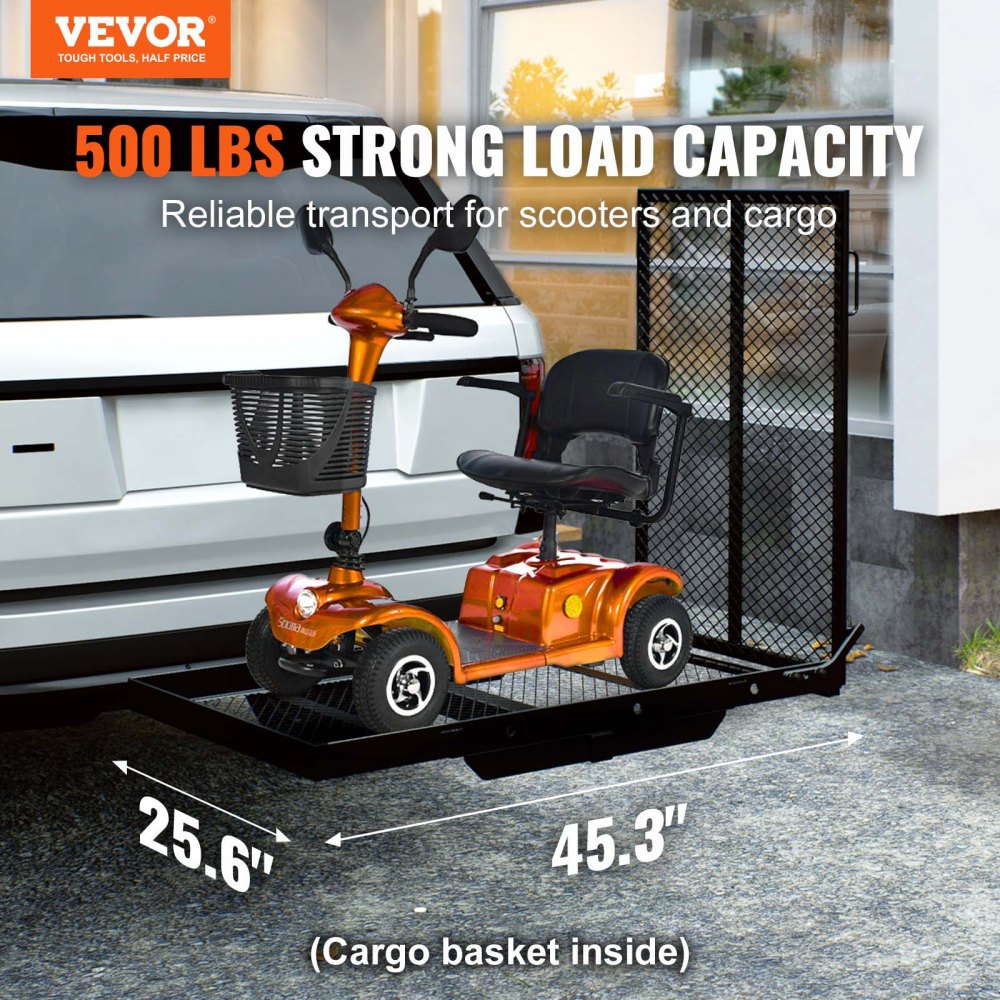 VEVOR Porta Scooter a Rotelle 115x65 cm Porta Sedia a Rotelle 226,8kg, Rampa Pieghevole in Ferro Cestino Gancio di Rimorchio con Cinghie Stabilizzatrici Ricevitore Gancio 50x50 mm per Auto SUV Furgoni