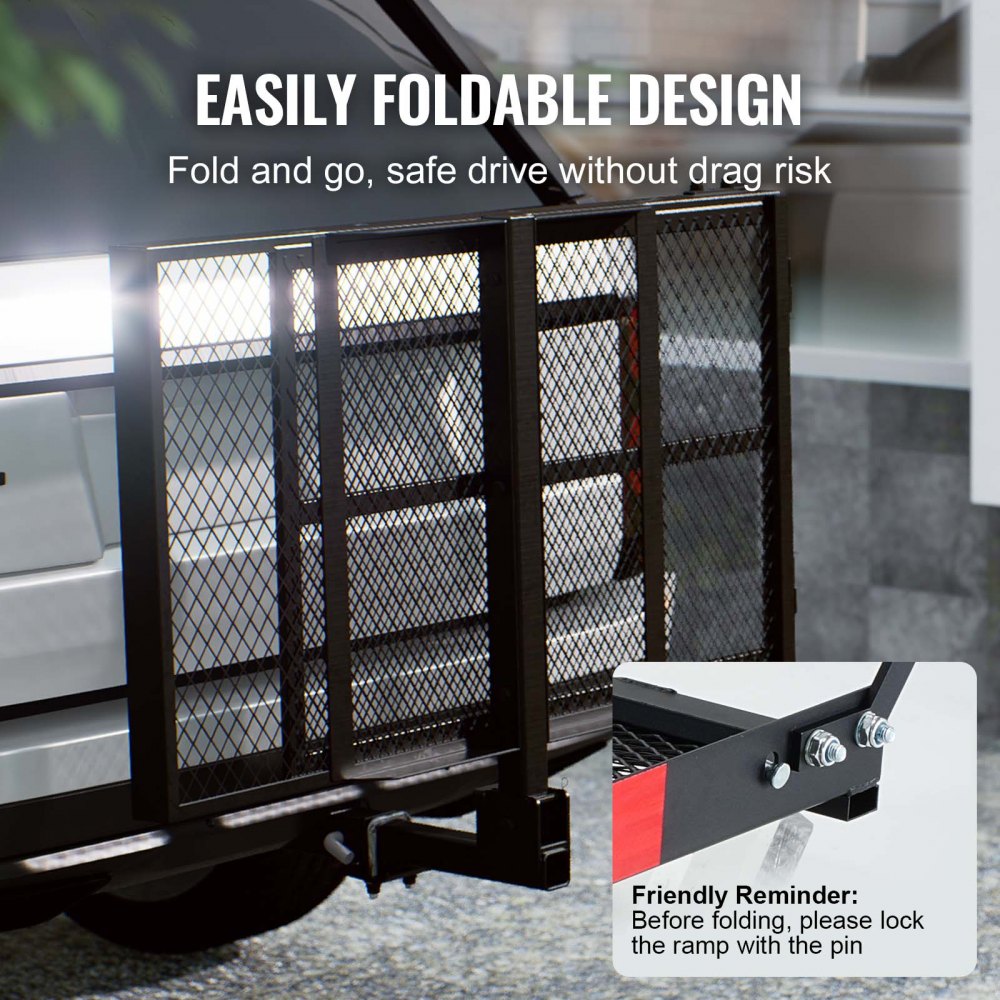 VEVOR Porta Scooter a Rotelle 115x65 cm Porta Sedia a Rotelle 226,8kg, Rampa Pieghevole in Ferro Cestino Gancio di Rimorchio con Cinghie Stabilizzatrici Ricevitore Gancio 50x50 mm per Auto SUV Furgoni