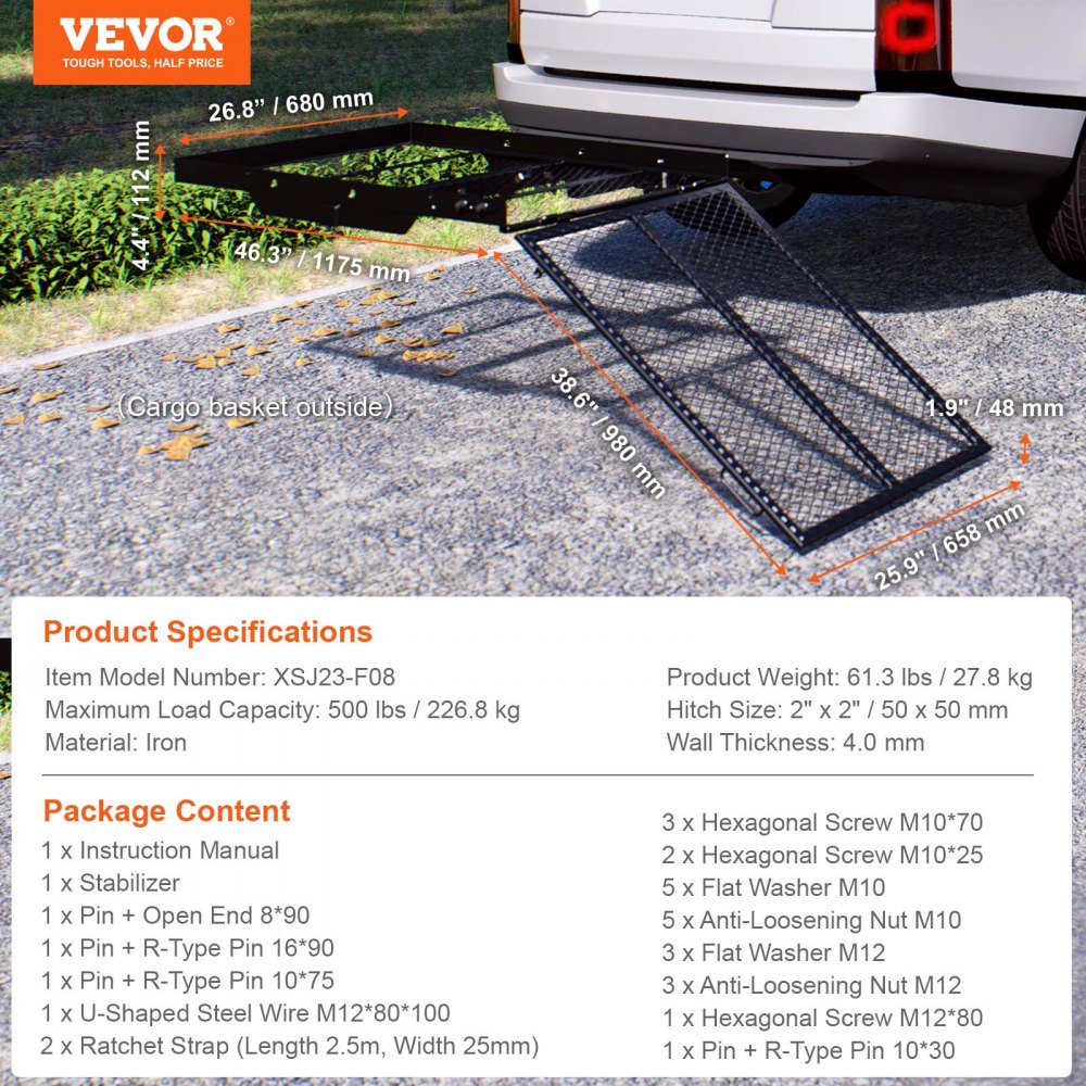VEVOR Porta Scooter a Rotelle 115x65 cm Porta Sedia a Rotelle 226,8kg, Rampa Pieghevole in Ferro Cestino Gancio di Rimorchio con Cinghie Stabilizzatrici Ricevitore Gancio 50x50 mm per Auto SUV Furgoni