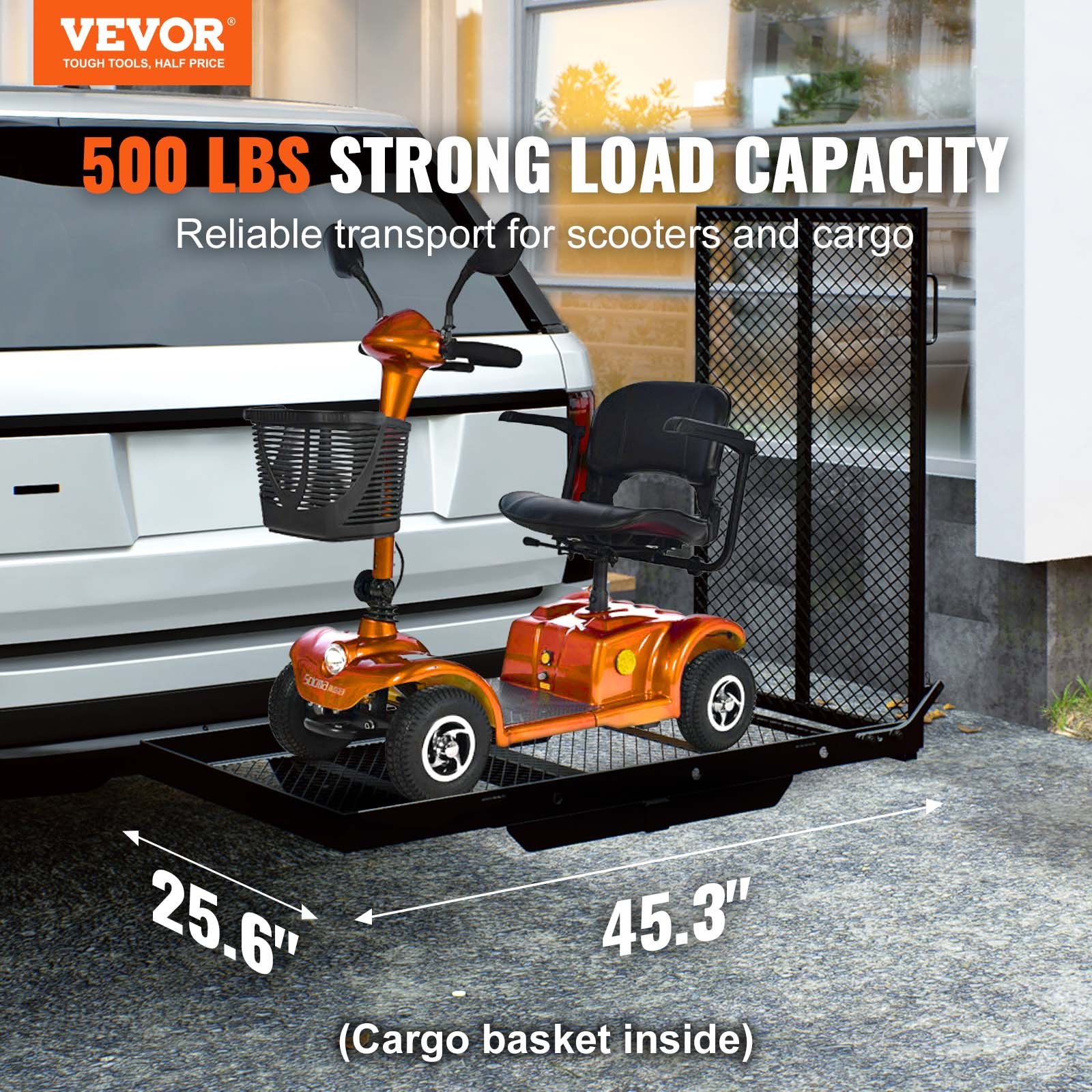 VEVOR Porta Scooter a Rotelle 115x65 cm Porta Sedia a Rotelle 226,8kg, Rampa Pieghevole in Ferro Cestino Gancio di Rimorchio con Cinghie Stabilizzatrici Ricevitore Gancio 50x50 mm per Auto SUV Furgoni