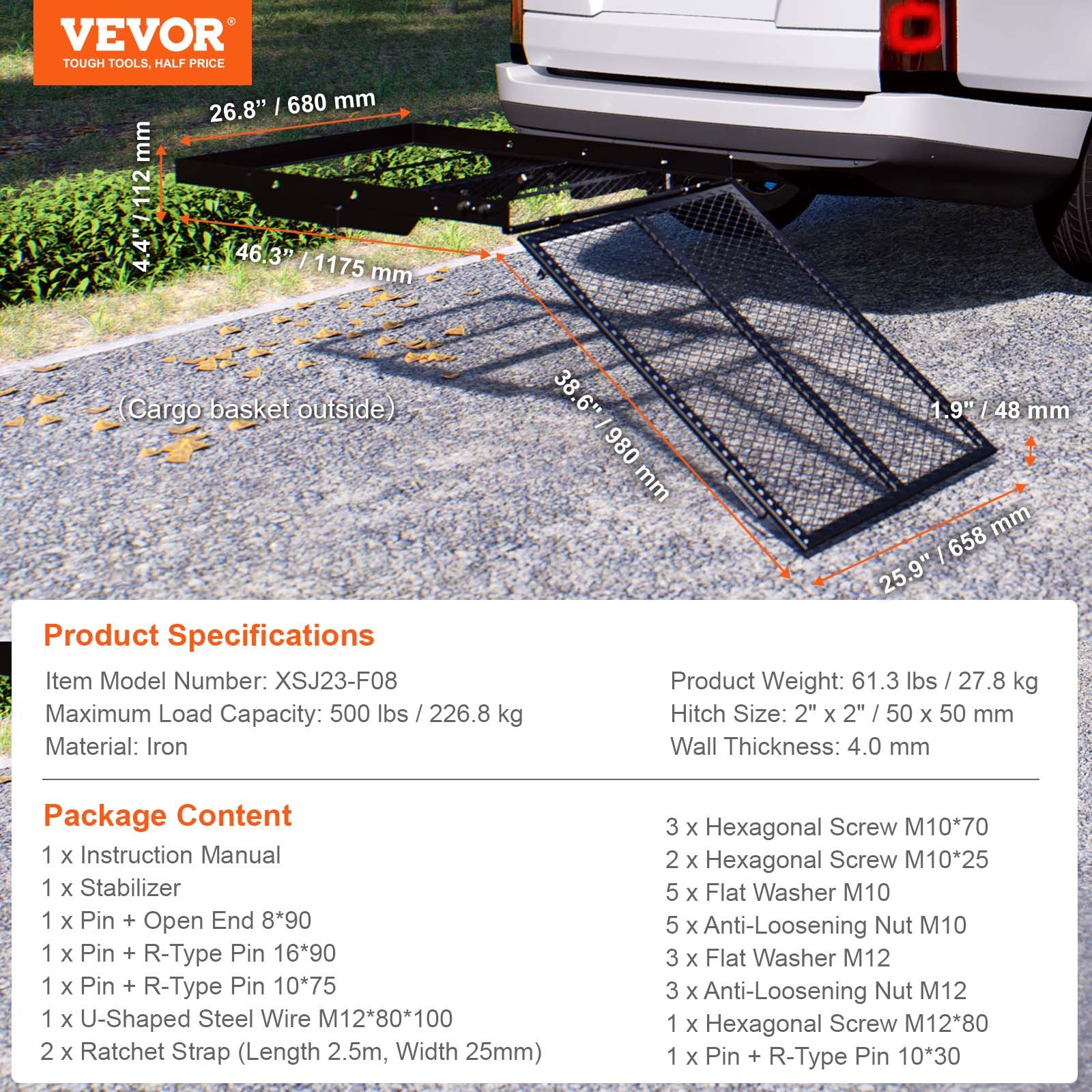 VEVOR Porta Scooter a Rotelle 115x65 cm Porta Sedia a Rotelle 226,8kg, Rampa Pieghevole in Ferro Cestino Gancio di Rimorchio con Cinghie Stabilizzatrici Ricevitore Gancio 50x50 mm per Auto SUV Furgoni