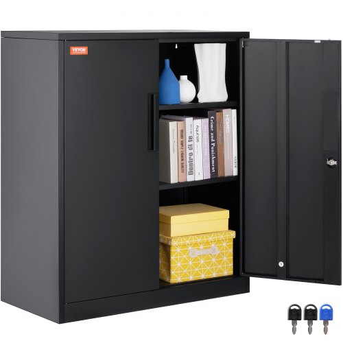 VEVOR Armadietto portaoggetti 2 Ante Magnetiche 4 Ripiani Regolabili, Capacità 200 libbre Ripiano, Armadietto Portaoggetti in Acciaio, Armadietto da 42'' con 3 Chiavi, per Ufficio, Garage, Casa, Nero