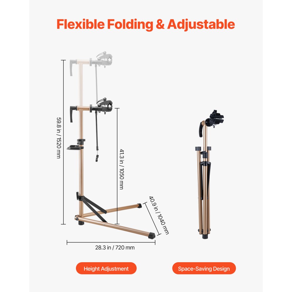 VEVOR Supporto per Riparazione Bici 1040 x 720 x 1590 mm Supporto da Lavoro per Bici Resistente, Capacità di Carico di 39,9 kg con Altezza Regolabile 1050 a 1520 mm e Vassoio Portautensili Magnetico