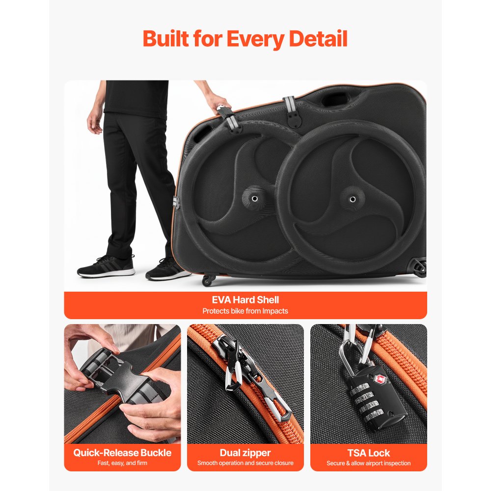 VEVOR Bike Travel Case, Bicycle Travel Bag with EVA Hard Shell, Quick-Release Buckle, Dual Zipper, TSA Lock and Wheels, Black Bicycle Case for Airplane, Easy Transportation Bag for 700C Road Bike