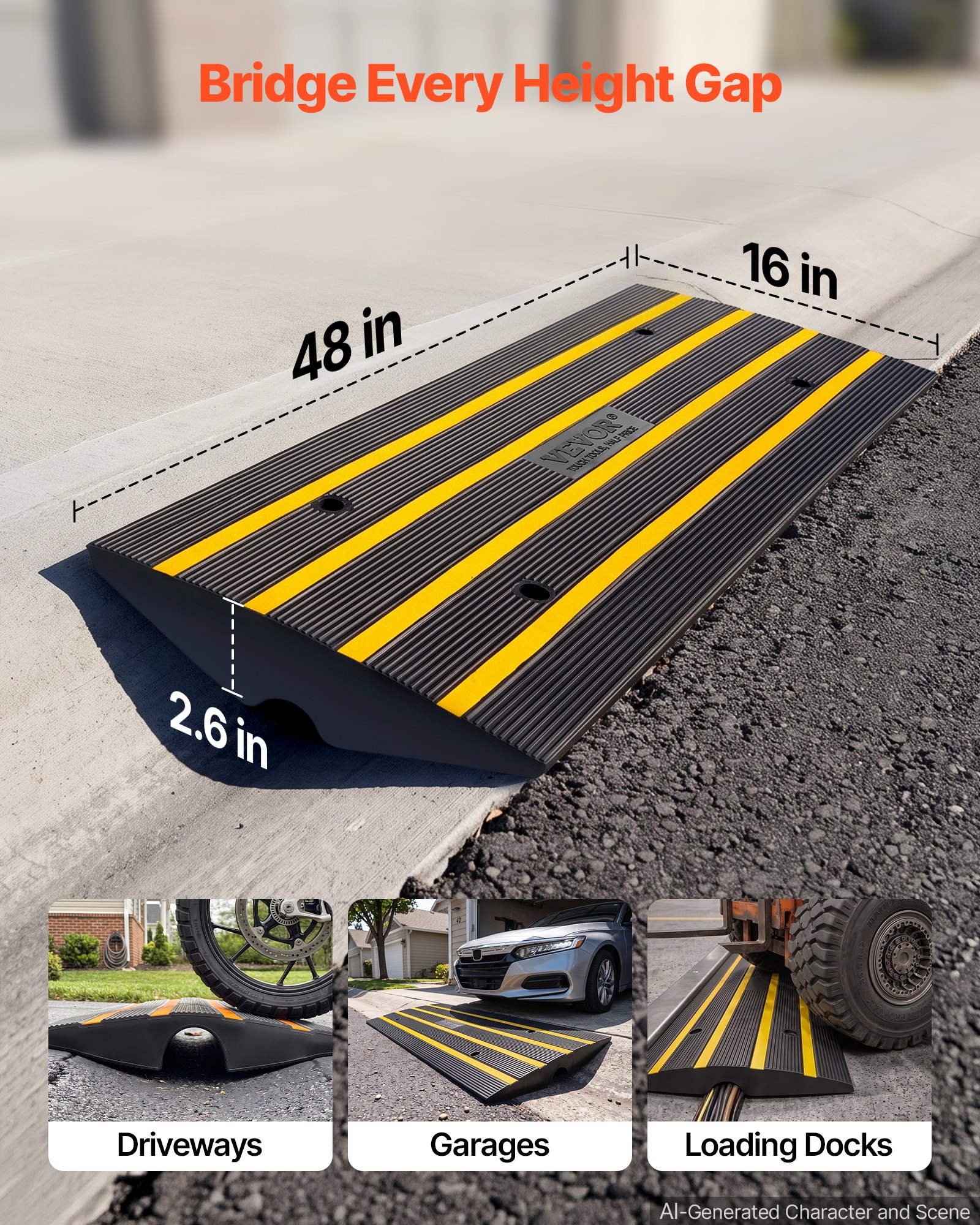 VEVOR Rampa per Soglia in Gomma Altezza 6,5cm Capacità Carico Max. 15 Tonnellate per Veicoli, Rampa per Soglia Superficie Antiscivolo con Canale per Cavi, Rampa Soglia Antiscivolo per Salita Facile