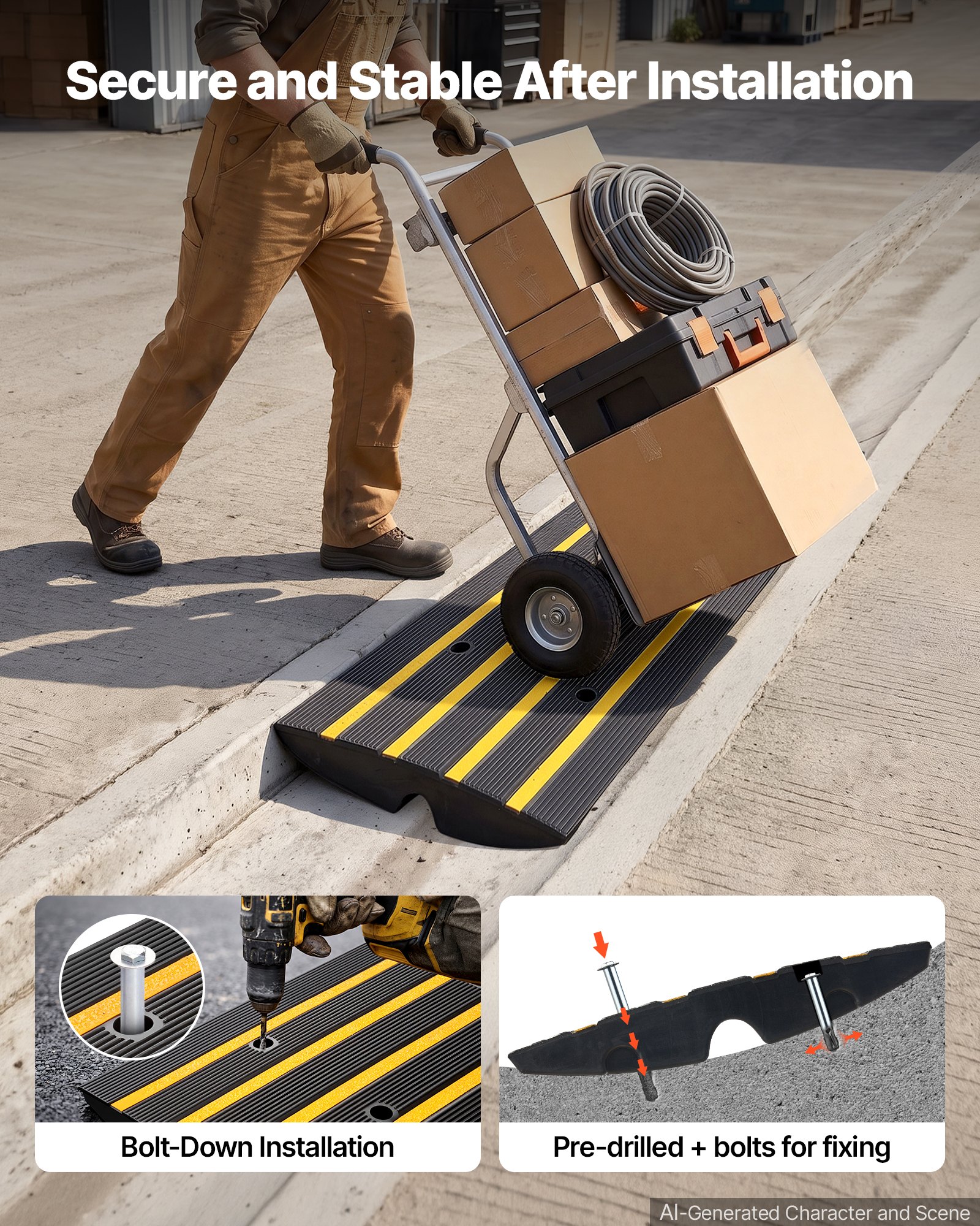 VEVOR Rampa per Soglia in Gomma Altezza 6,5cm Capacità Carico Max. 15 Tonnellate per Veicoli, Rampa per Soglia Superficie Antiscivolo con Canale per Cavi, Rampa Soglia Antiscivolo per Salita Facile