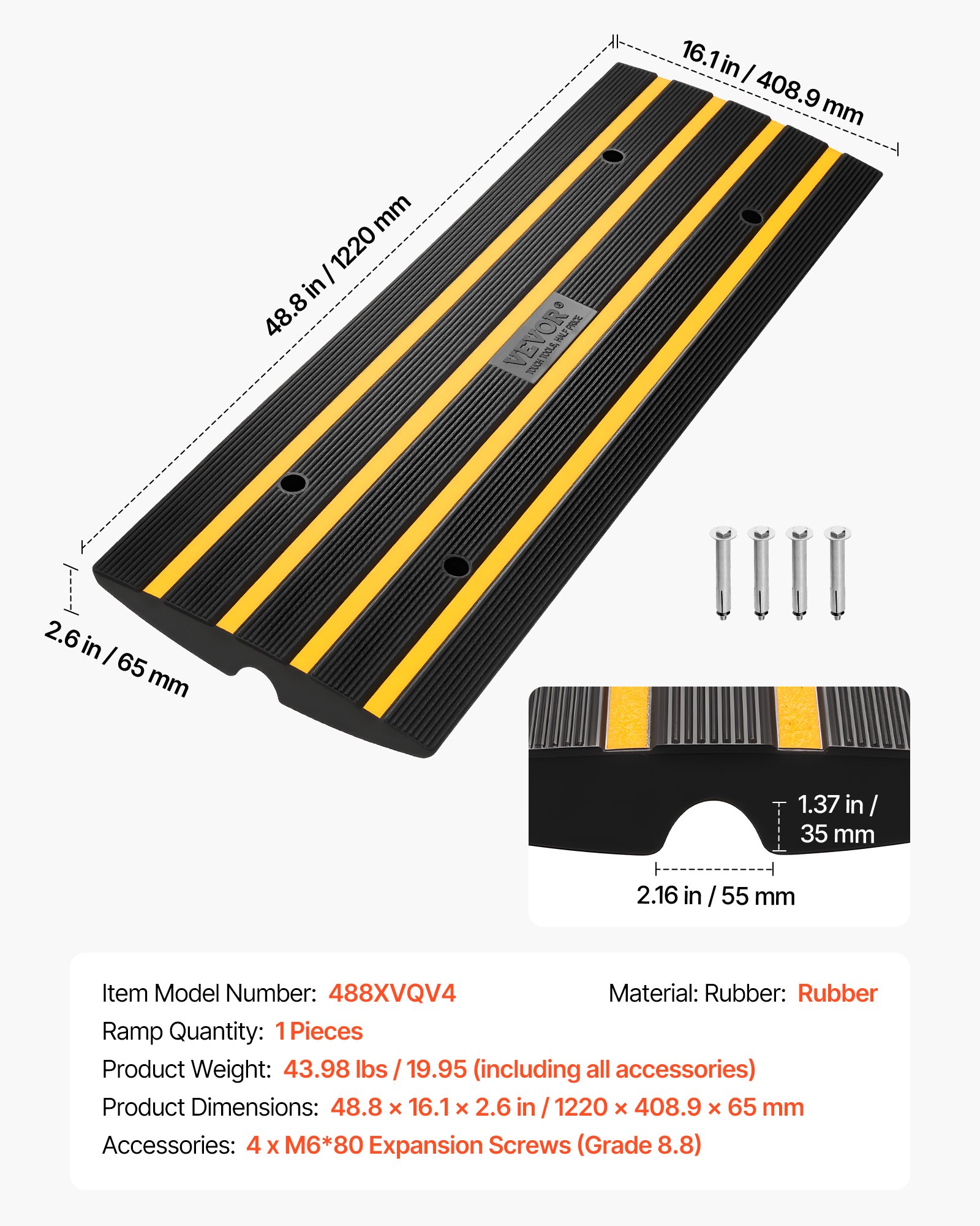 VEVOR Rampa per Soglia in Gomma Altezza 6,5cm Capacità Carico Max. 15 Tonnellate per Veicoli, Rampa per Soglia Superficie Antiscivolo con Canale per Cavi, Rampa Soglia Antiscivolo per Salita Facile