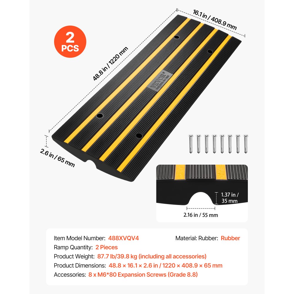 VEVOR Rampa Soglia Altezza 6,5 ​​cm Rampe da Marciapiede in Gomma 2 Pezzi Capacità Carico 15 Tonnellate Rampa Accesso per Sedia a Rotelle Antiscivolo Estensibile per Porta d'Ingresso 122x40,5x6,5 cm
