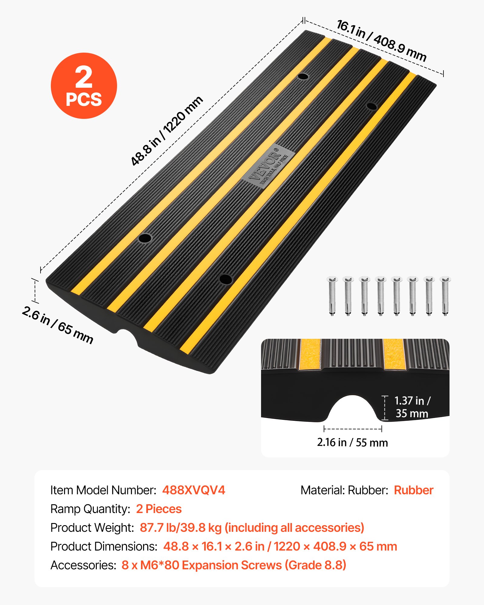 VEVOR Rampa Soglia Altezza 6,5 ​​cm Rampe da Marciapiede in Gomma 2 Pezzi Capacità Carico 15 Tonnellate Rampa Accesso per Sedia a Rotelle Antiscivolo Estensibile per Porta d'Ingresso 122x40,5x6,5 cm