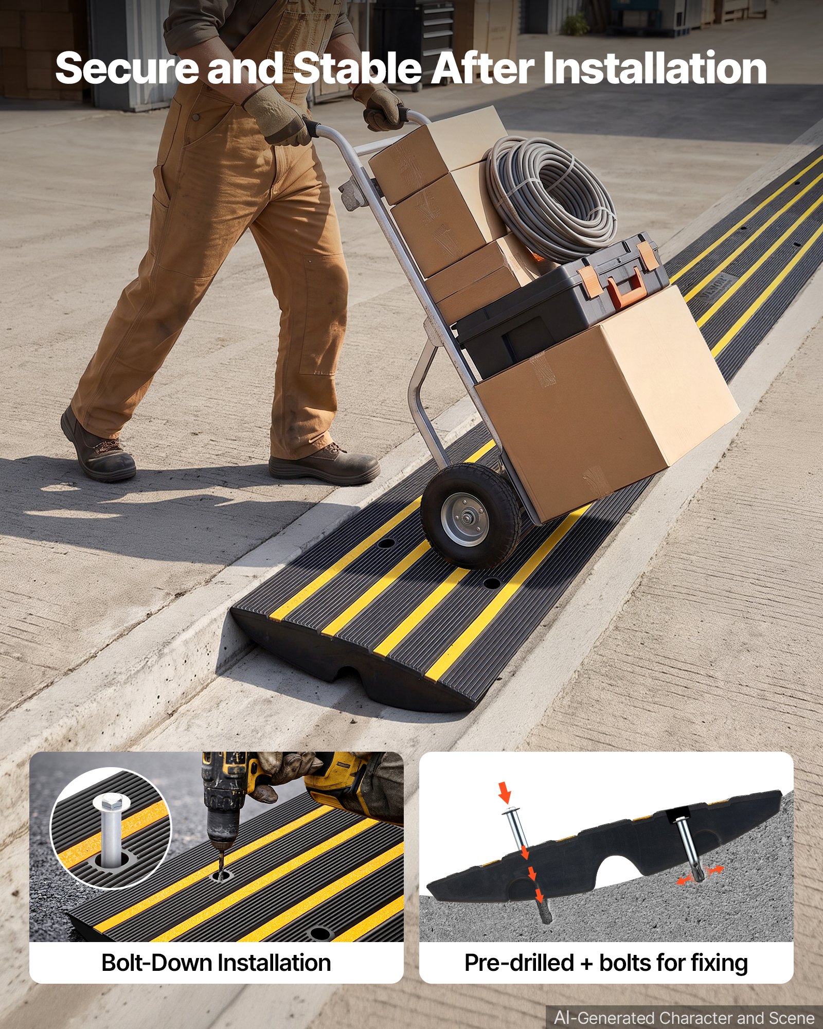VEVOR Rampa per Soglia in Gomma 3 Pezzi Altezza 6,5cm Capacità Max. 15 Tonnellate per Veicoli, Rampa per Soglia Superficie Antiscivolo con Canale per Cavi, Rampa Soglia Antiscivolo per Salita Facile
