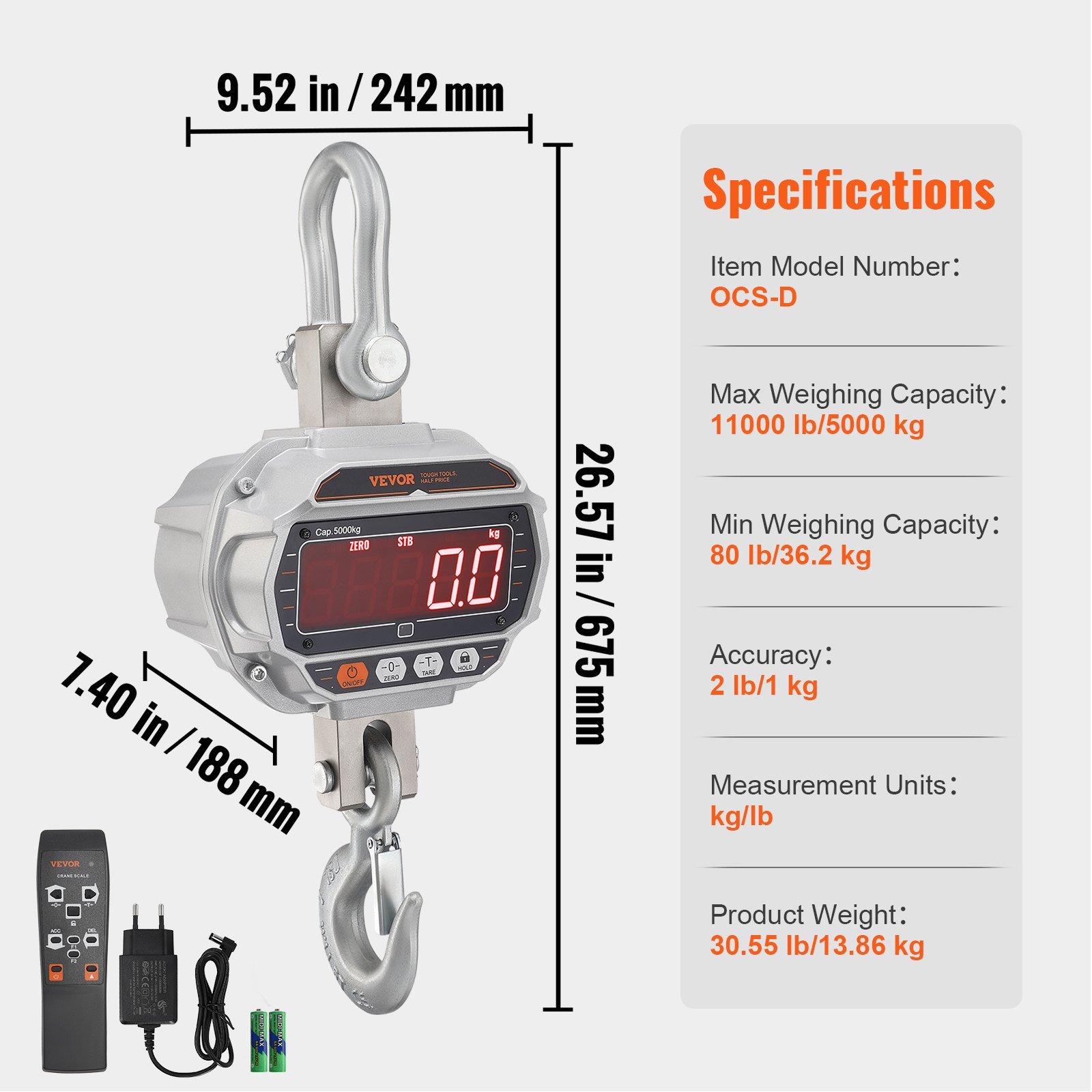 VEVOR Bilancia Industriale da Gru Carico Max. 5000 kg Bilancia Digitale da Gru con Telecomando Alloggiamento in Alluminio Fuso Display a LED ad Alta Precisione, Bilancia Digitale per Carichi Pesanti