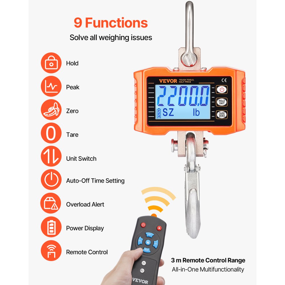 VEVOR Industrial Hanging Scale, 1000 kg, Robust Digital Crane Scale with Remote Control, Load Scale, Die-cast Aluminum Housing, High-Precision LCD Display for Construction, Factory, Farm, Hunting, Orange