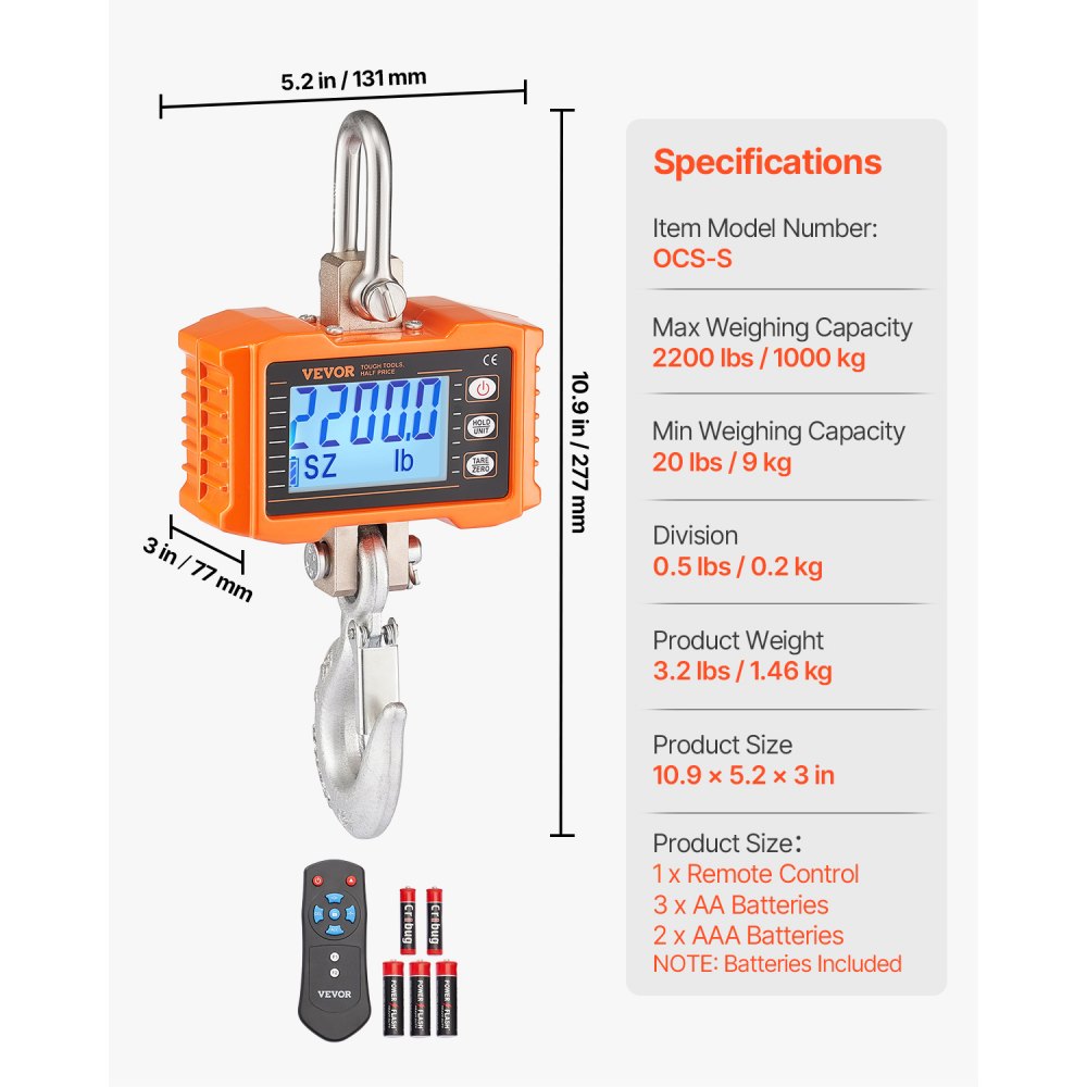 VEVOR Industrial Hanging Scale, 1000 kg, Robust Digital Crane Scale with Remote Control, Load Scale, Die-cast Aluminum Housing, High-Precision LCD Display for Construction, Factory, Farm, Hunting, Orange