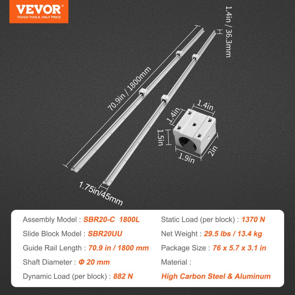 VEVOR Linear Guide Rail, 2 pcs. SBR20-1800mm Carbon Steel Aluminum Guide Rail with 4pcs. SBR20UU Sliding Blocks, Linear Bearings, CNC Parts for 3D Printers, Milling/Turning Machines
