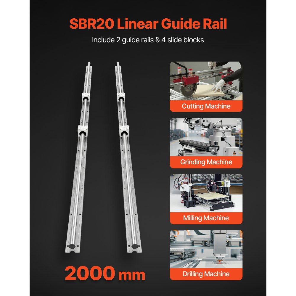 VEVOR Linear Rail Kit, SBR20, 2Pcs 2000 mm (78.74 inch) Linear Motion Guide Rails and 4Pcs Bearing Slide Blocks, Fully Supported Shaft, for Cutting, Grinding, Milling, Drilling Machines, and More
