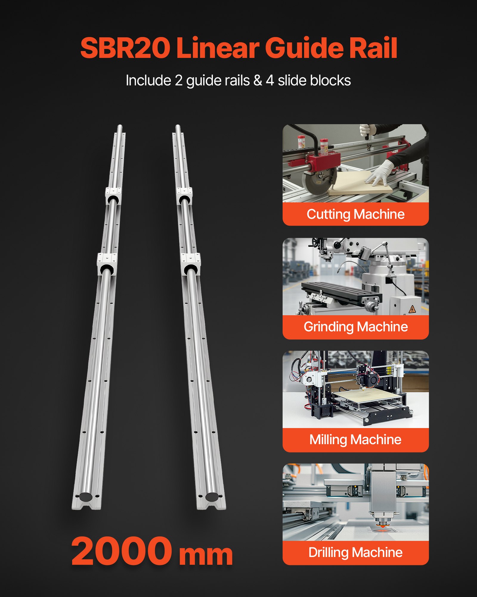 VEVOR Linear Rail Kit, SBR20, 2Pcs 2000 mm (78.74 inch) Linear Motion Guide Rails and 4Pcs Bearing Slide Blocks, Fully Supported Shaft, for Cutting, Grinding, Milling, Drilling Machines, and More