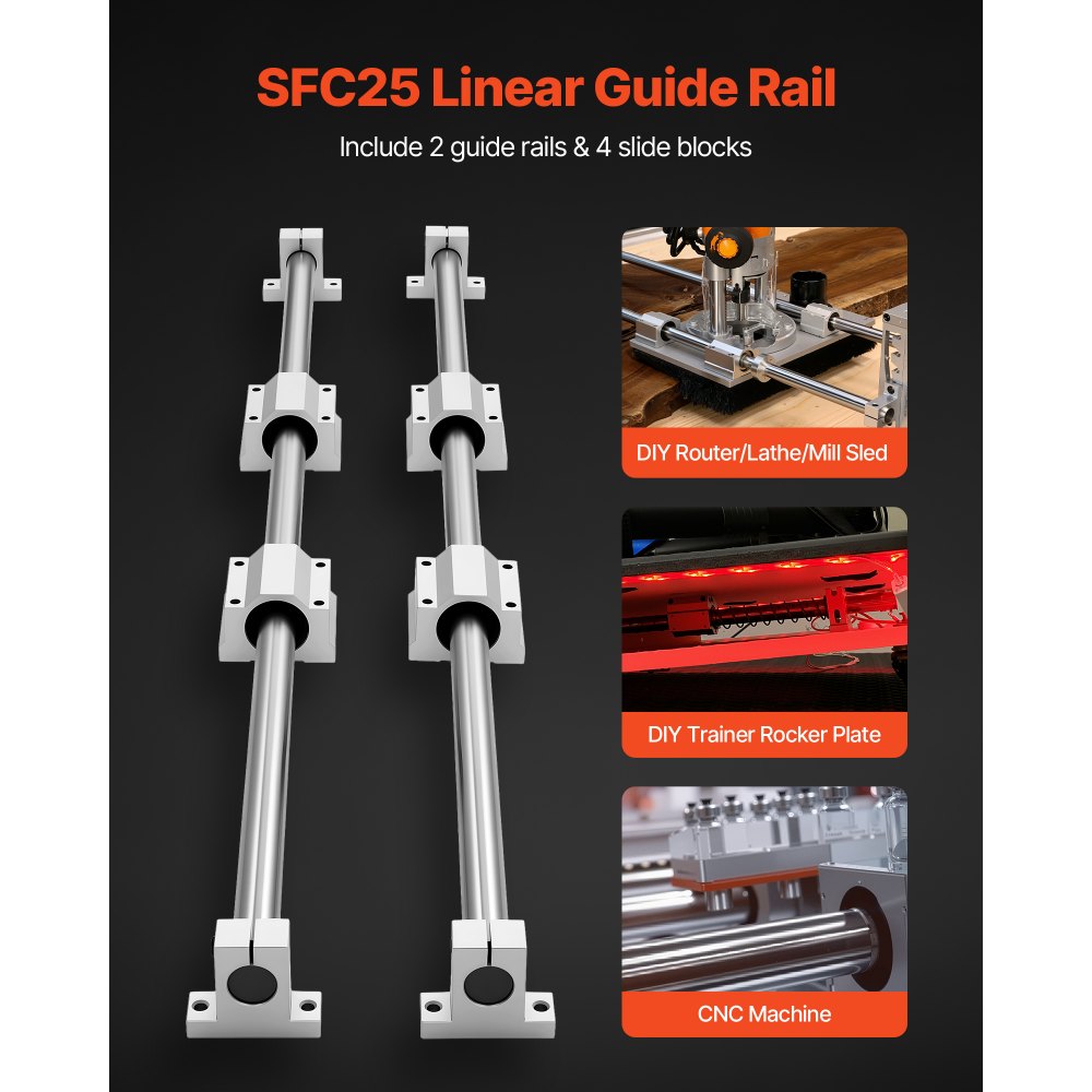VEVOR Kit di Guide Lineari SFC 25 2 Guide Lineari da 1000 mm 4 Blocchi di Scorrimento per Cuscinetti per Torni Fresatrici, Macchine per Incisioni Fai da te, Piastra Oscillante per Allenamento