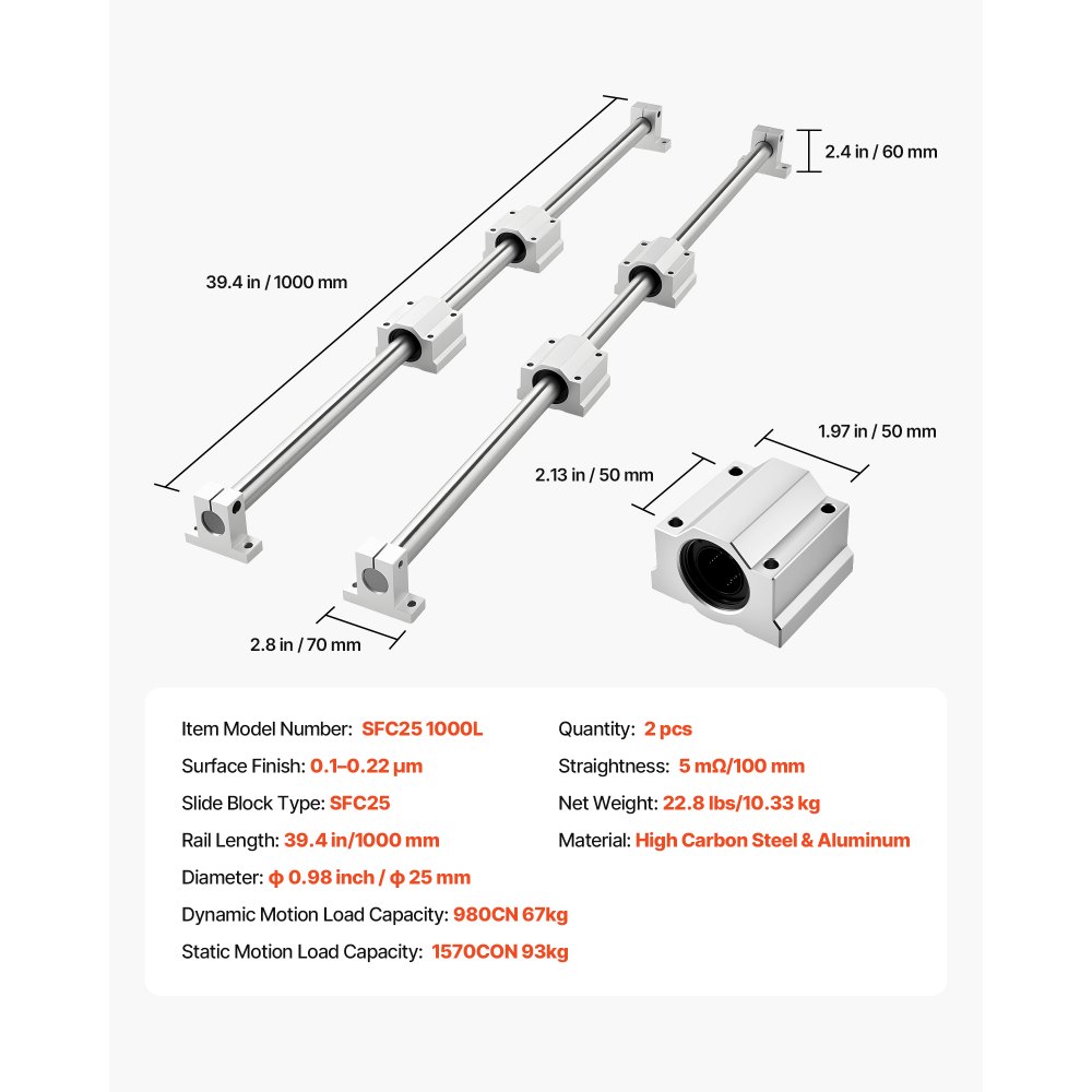 VEVOR Kit di Guide Lineari SFC 25 2 Guide Lineari da 1000 mm 4 Blocchi di Scorrimento per Cuscinetti per Torni Fresatrici, Macchine per Incisioni Fai da te, Piastra Oscillante per Allenamento