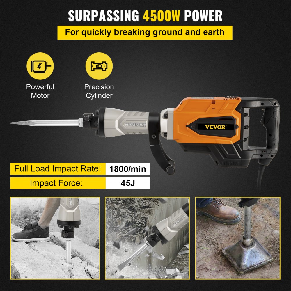 VEVOR martello demolitore 4500W Demolitore per Calcestruzzo con Scalpelli per Impianti Idraulici Installazione Meccanica
