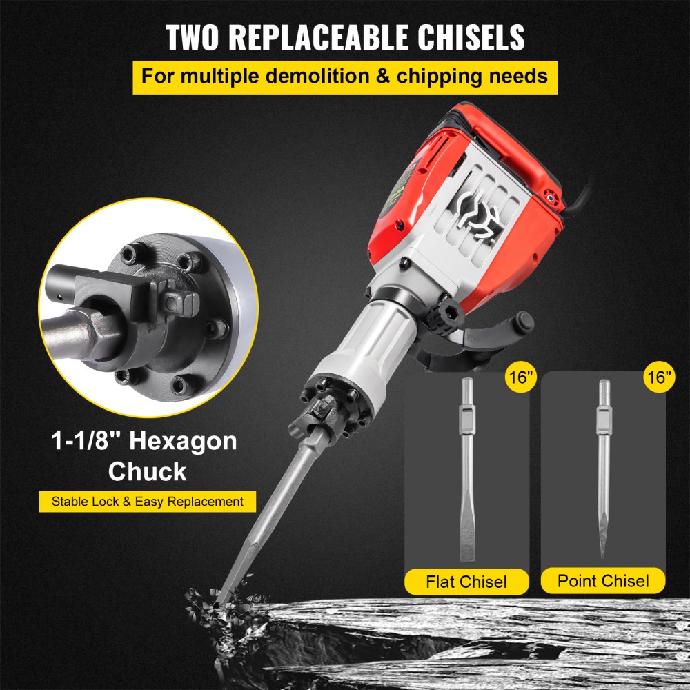 VEVOR martello demolitore 3800W Kit di Demolitore con Scalpello a Punta e Scalpello Piatto Martello Penumatico Colore Rosso