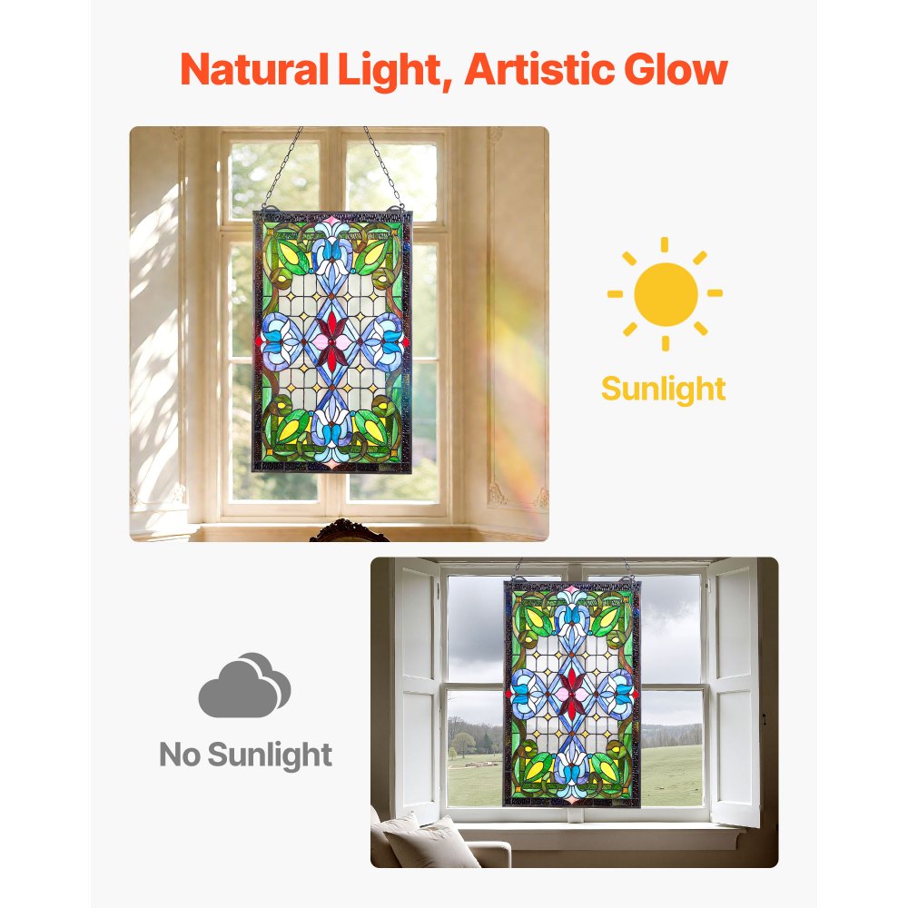 VEVOR Pannello per Finestra in Vetro Colorato 731 x 433 mm Decorazione per Finestre in Vetro Colorato Rettangolare Verticale con Catena, Artigianato Tradizionale Vintage per Decorazione della Casa
