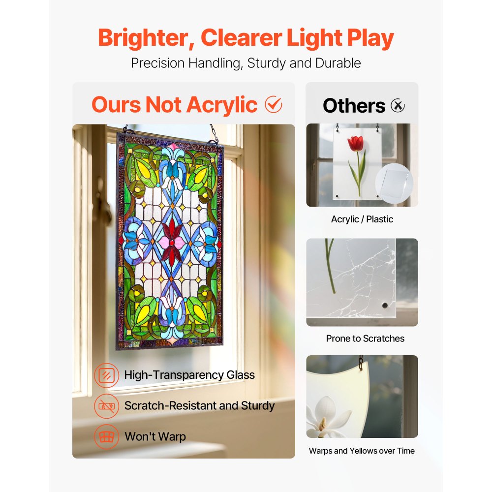 VEVOR Pannello per Finestra in Vetro Colorato 731 x 433 mm Decorazione per Finestre in Vetro Colorato Rettangolare Verticale con Catena, Artigianato Tradizionale Vintage per Decorazione della Casa