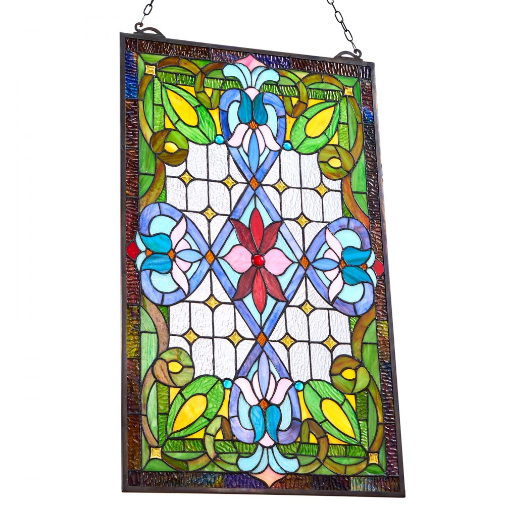 VEVOR Stained Glass Window Panel, 433 x 731 mm, Tiffany Style Hanging Transom Window Panel with Chain, Large Vertical Rectangle Stain Glass, Vintage Traditional Art Handcrafts for Kitchen Home Decor
