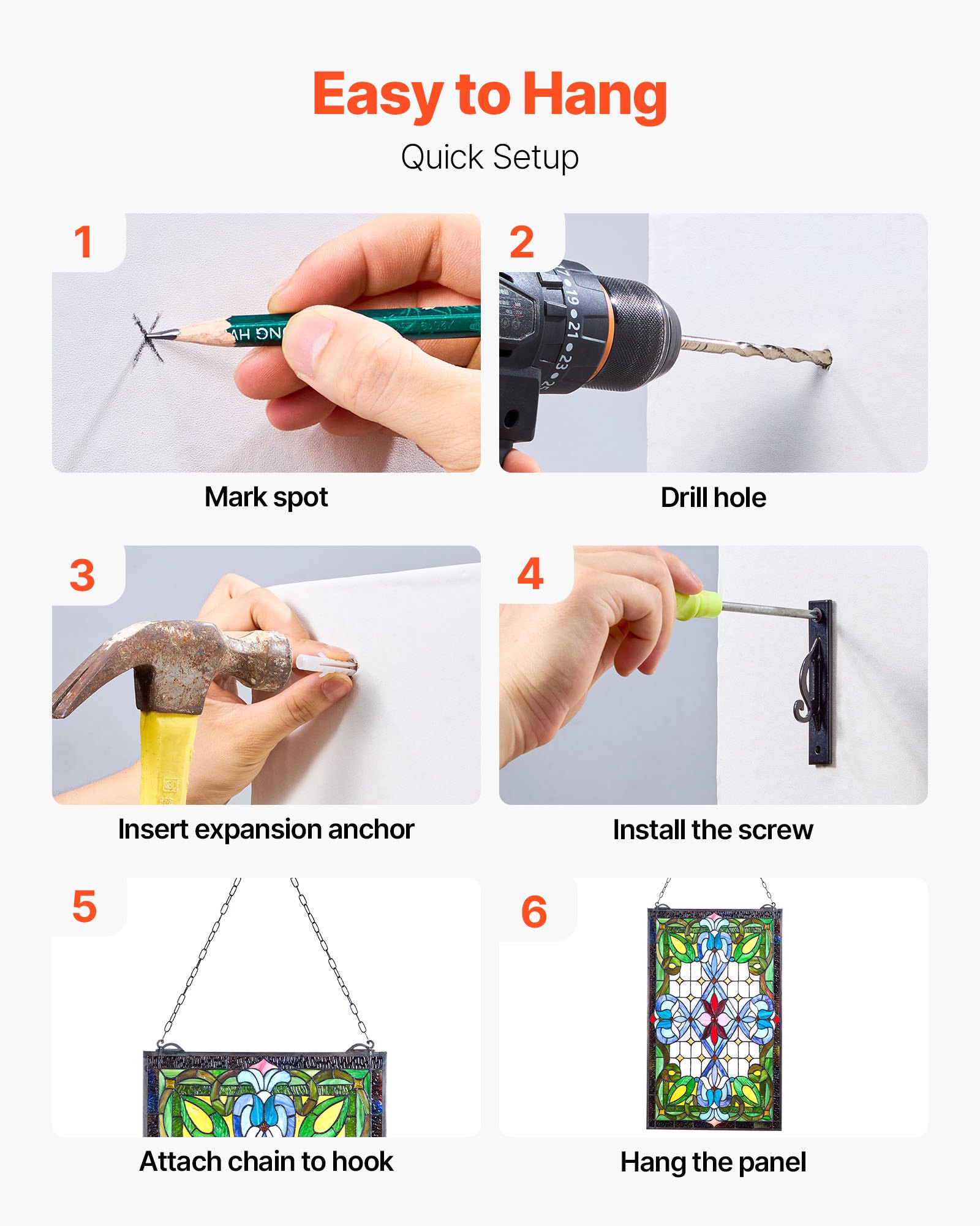 VEVOR Pannello per Finestra in Vetro Colorato 731 x 433 mm Decorazione per Finestre in Vetro Colorato Rettangolare Verticale con Catena, Artigianato Tradizionale Vintage per Decorazione della Casa