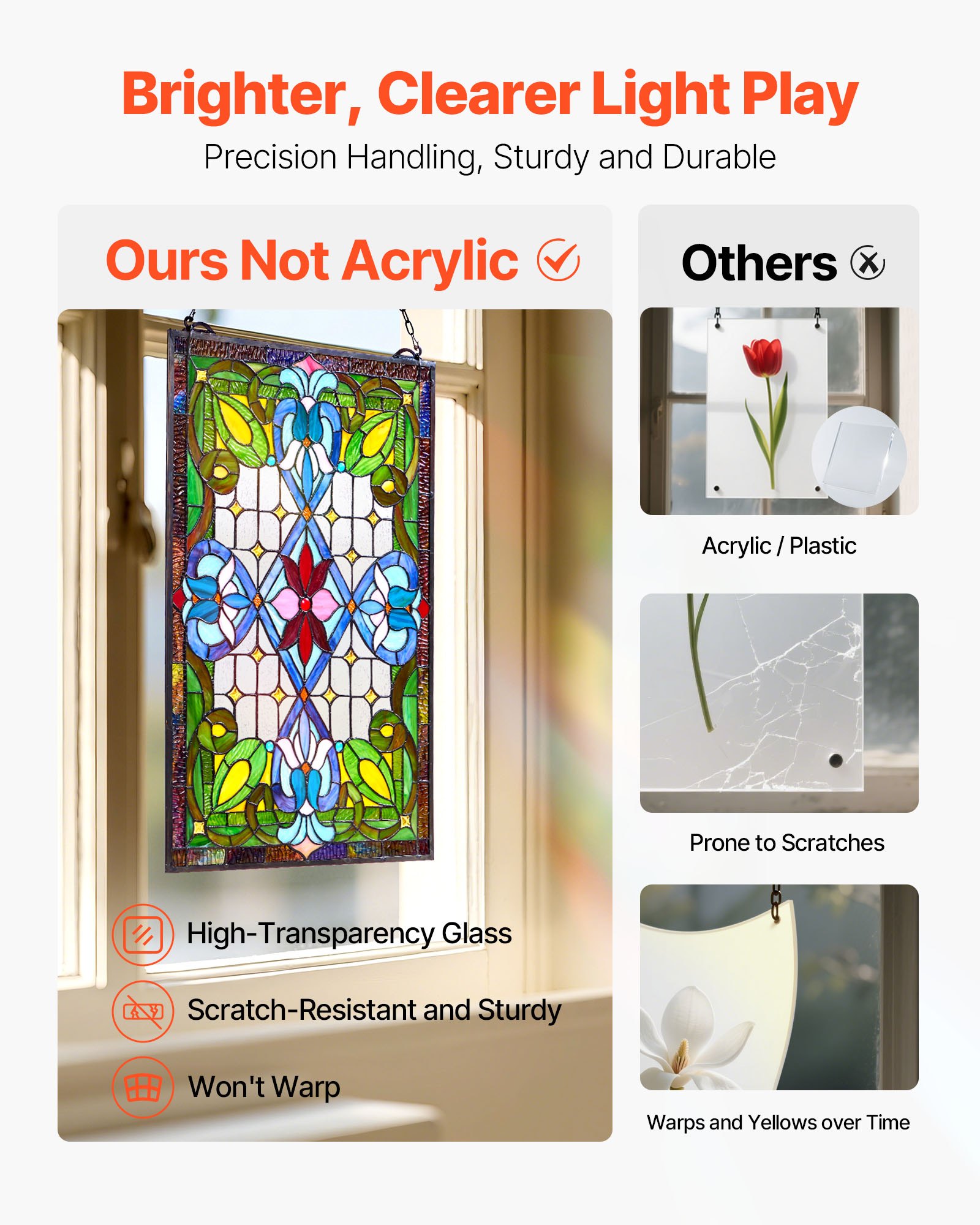 VEVOR Stained Glass Window Panel, 433 x 731 mm, Tiffany Style Hanging Transom Window Panel with Chain, Large Vertical Rectangle Stain Glass, Vintage Traditional Art Handcrafts for Kitchen Home Decor