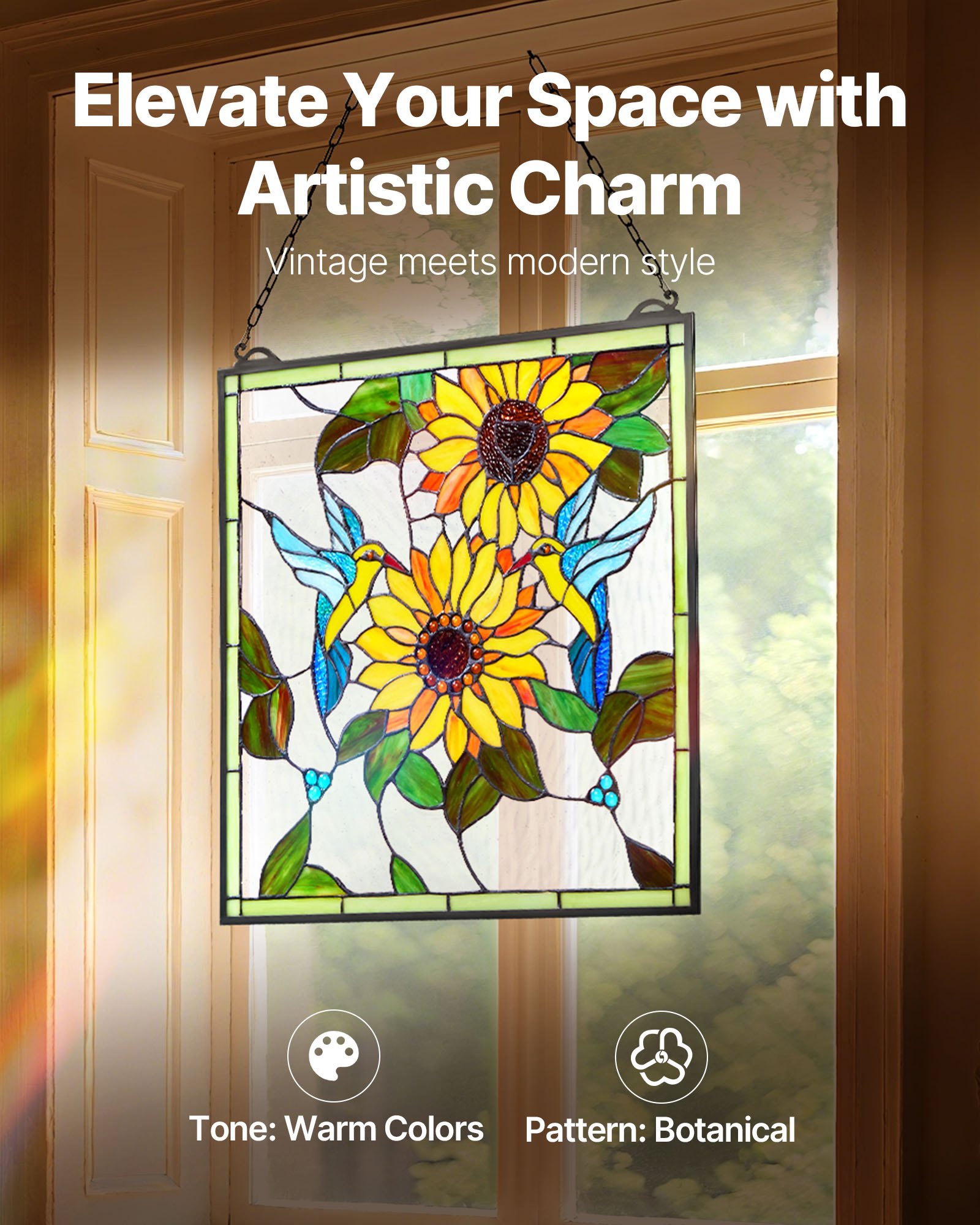 VEVOR Pannello per Finestra in Vetro Colorato 502 x 520 mm Decorazione per Finestre in Vetro Colorato Rettangolare Verticale con Catena, Artigianato Tradizionale Vintage per Decorazione della Casa