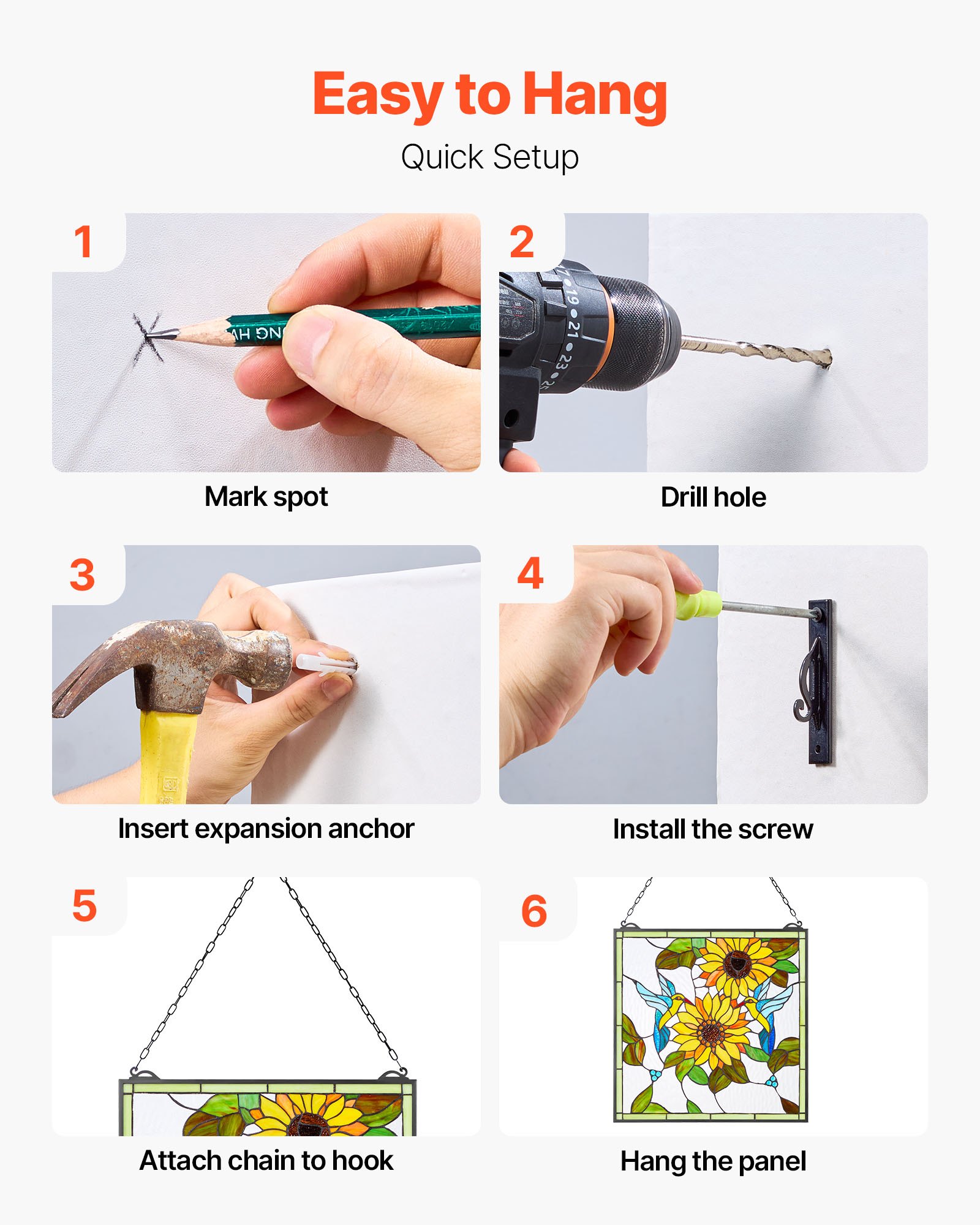 VEVOR Pannello per Finestra in Vetro Colorato 502 x 520 mm Decorazione per Finestre in Vetro Colorato Rettangolare Verticale con Catena, Artigianato Tradizionale Vintage per Decorazione della Casa