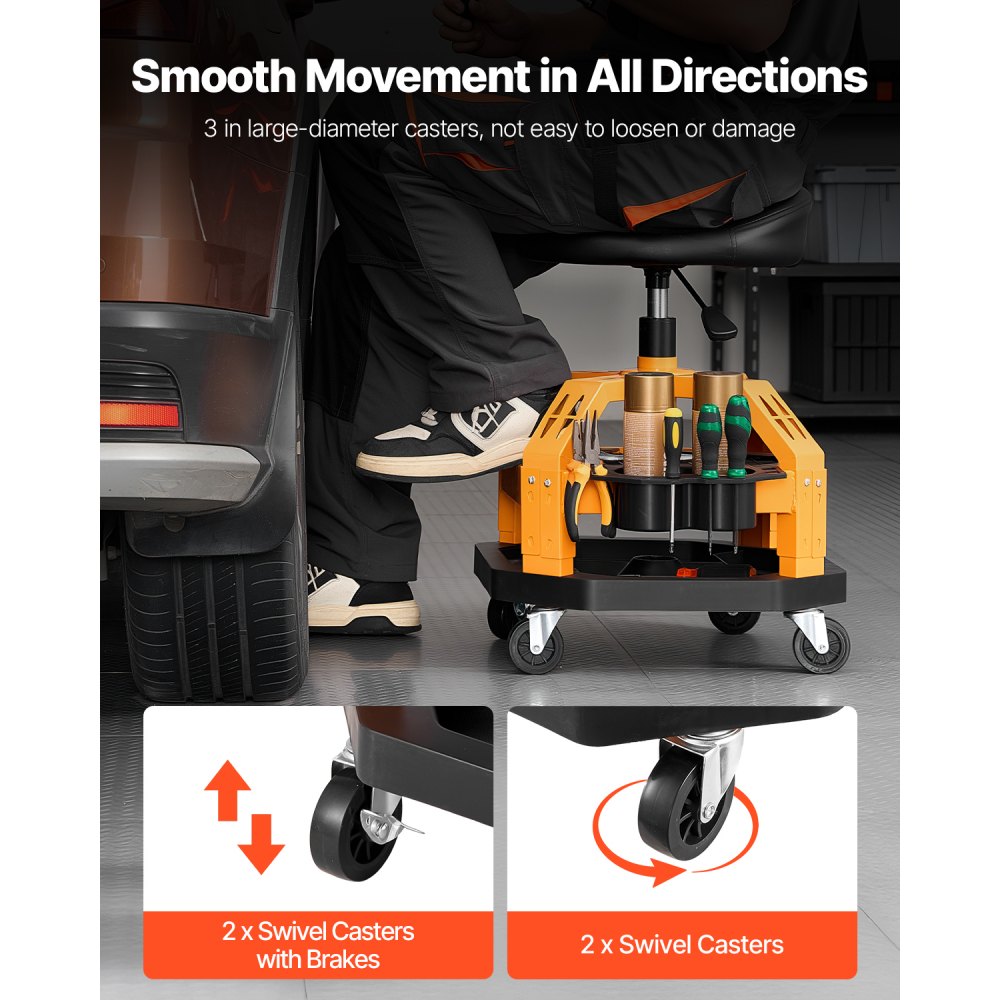 VEVOR Sgabello Pneumatico con Ruote, Sedile da Officina per Impieghi Gravosi Capacità 136 kg, Sedile Regolabile in Altezza, Girevole a 360°, Sgabello Imbottito, per Garage, Riparazione Auto