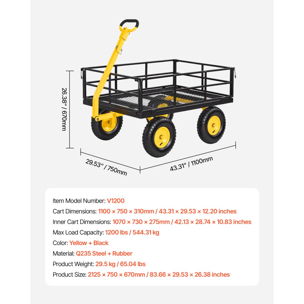 VEVOR Carrello da Giardino in Acciaio Portata 544 kg Trainabile, Carretto 2 in 1, con Pneumatici Fuoristrada da 330 mm, Sponde Laterali in Rete Rimovibili e Maniglia Girevole a 180°, per Trasporto